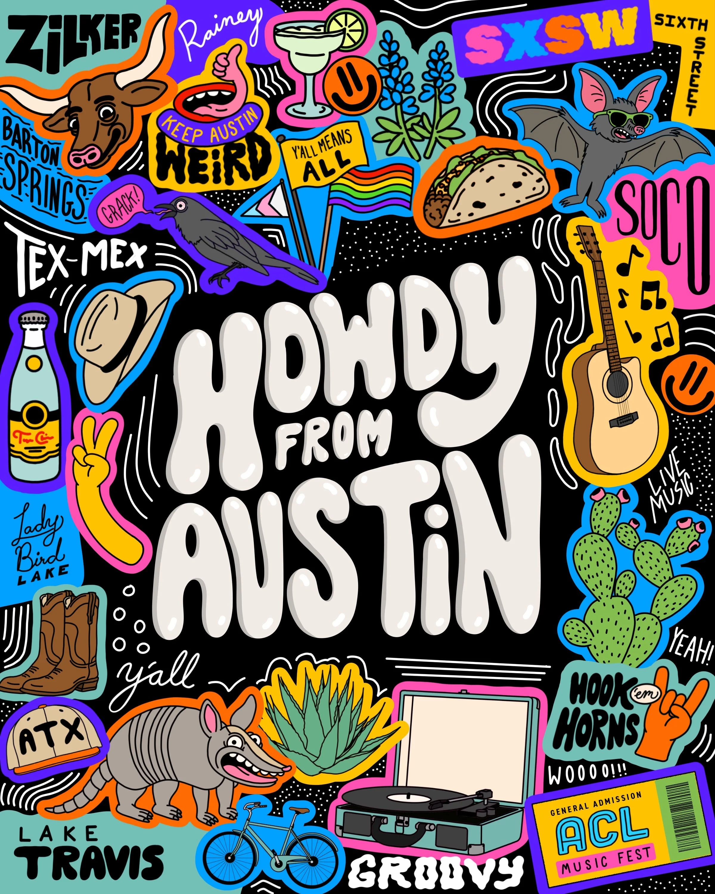 Colorful collage of illustrations and text representing a fun, lively scene. Includes a cow, a bat with sunglasses, a rat, a guitar, a record player, cactus, a taco, a margarita, a bicycle, and various signs and phrases like "Keep Austin Weird," "Live Music," and "Lake Travis." The overall style is bold, cartoonish, and vibrant.
