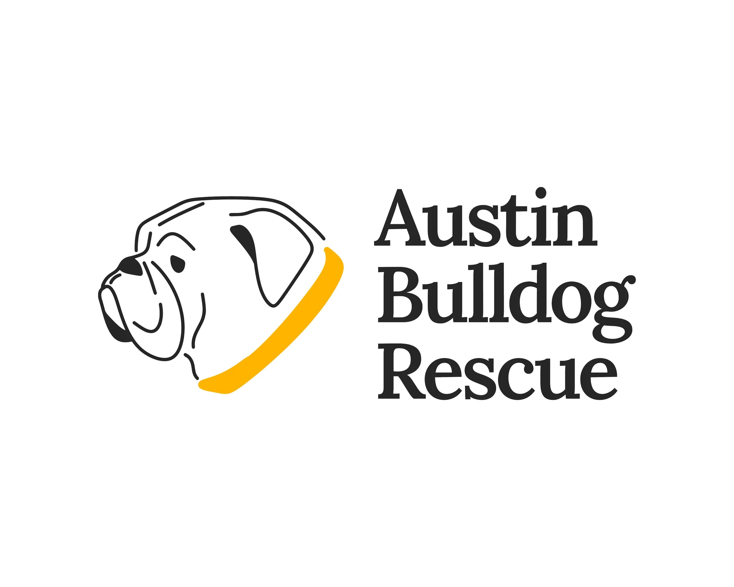 Logo of Austin Bulldog Rescue, featuring a stylized bulldog illustration with black outlines and a yellow accent, accompanied by black text that reads 'Austin Bulldog Rescue'.
