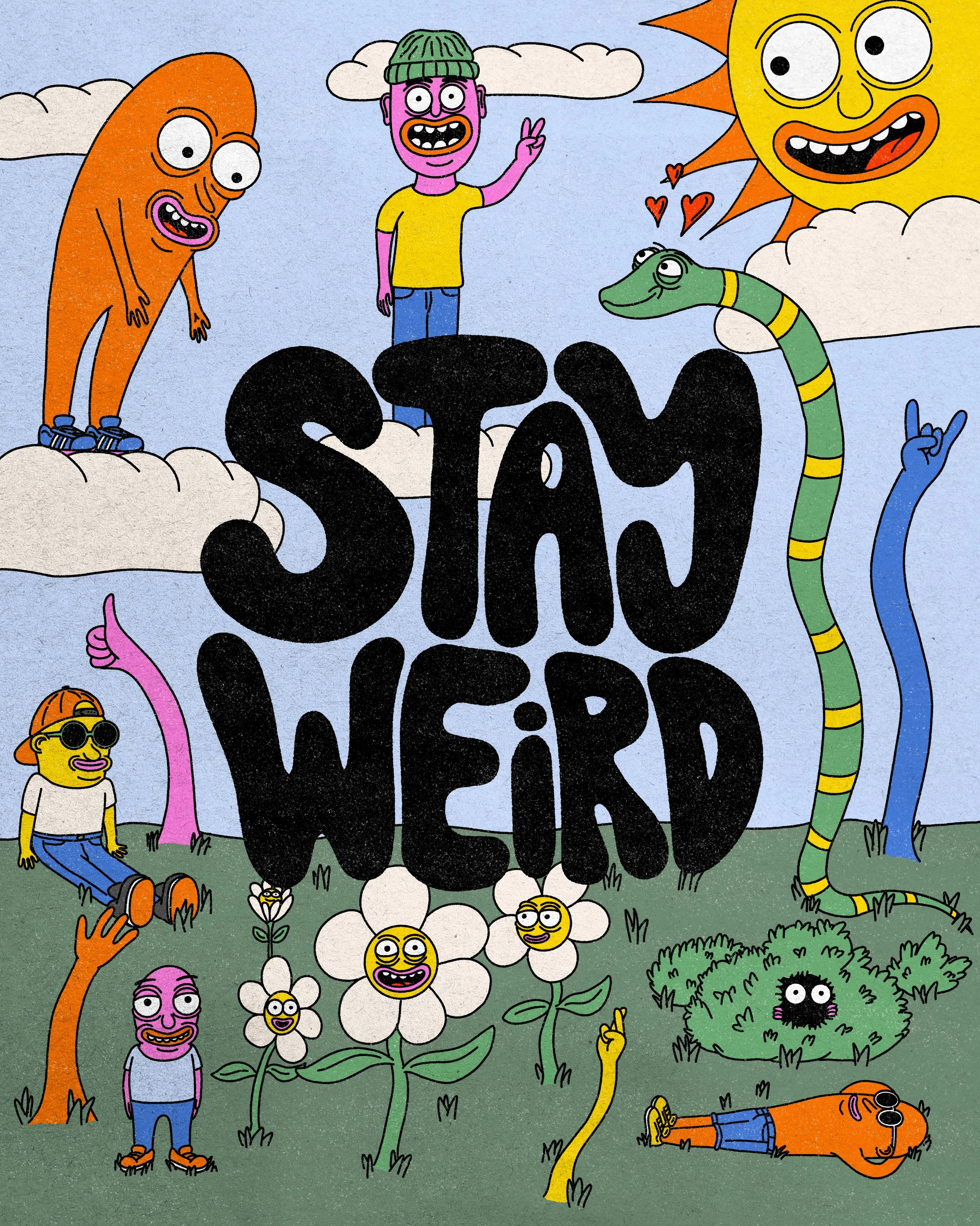 A colorful cartoon illustration of various anthropomorphic creatures with human features, including a person making peace signs, smiling sun and cloud characters, a friendly dinosaur, flowers with smiling faces, a bush with googly eyes, and a person sitting on the grass wearing sunglasses and a hat. The scene is whimsical and playful, set outdoors on a grassy area.