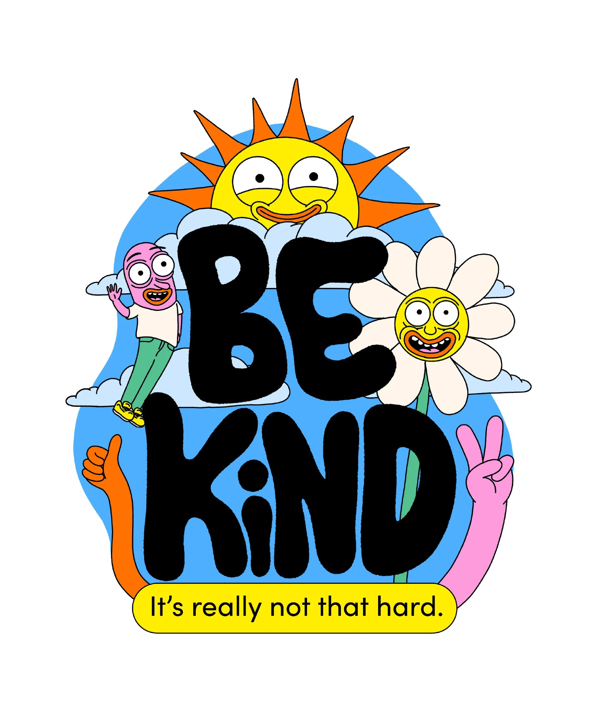 Colorful cartoon illustration of two happy sun and flower characters with speech bubble saying 'It's really not that hard'.