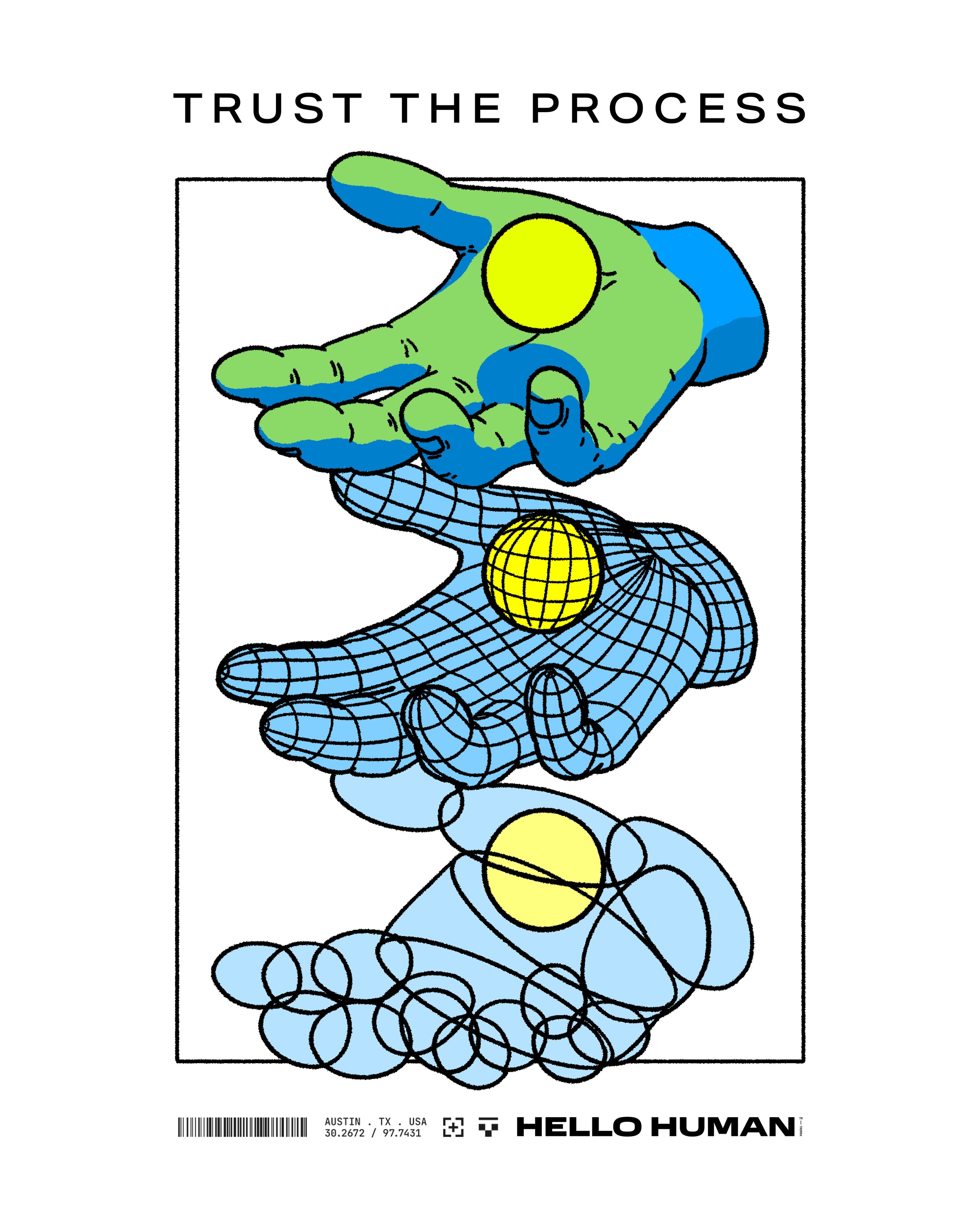 A graphic illustration of a human hand holding a yellow sphere, with a textured grid of lines beneath it. The phrase "Trust the Process" appears above the hand, and there are branding and location details along with a barcode at the bottom.
