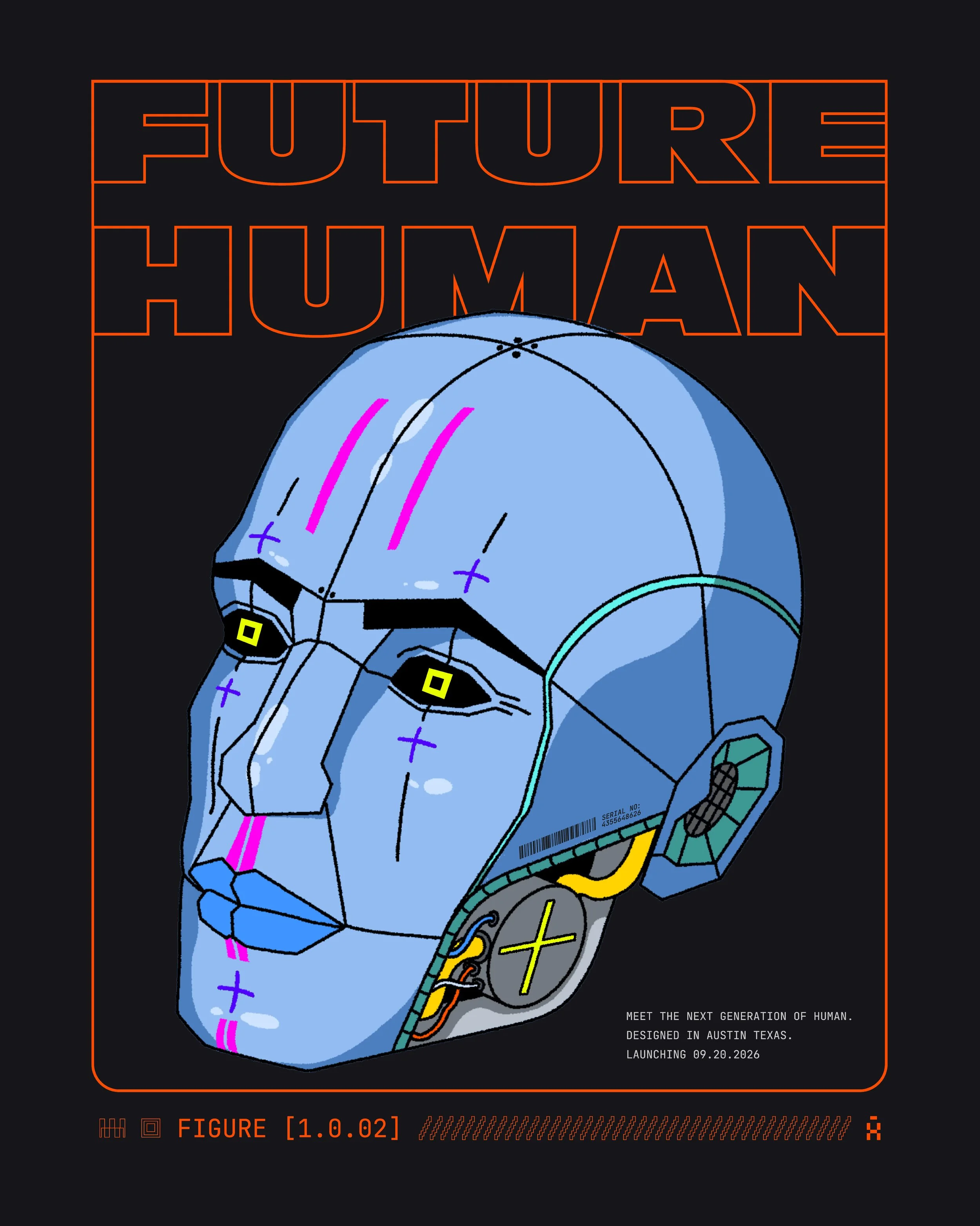 A digital illustration of a futuristic helmet designed to resemble a human skull, with neon accents in pink, yellow, and orange, and the text "Future Human" in large uppercase letters at the top. Additional smaller text announces a launch date of September 20, 2026, and mentions design in Austin, Texas.