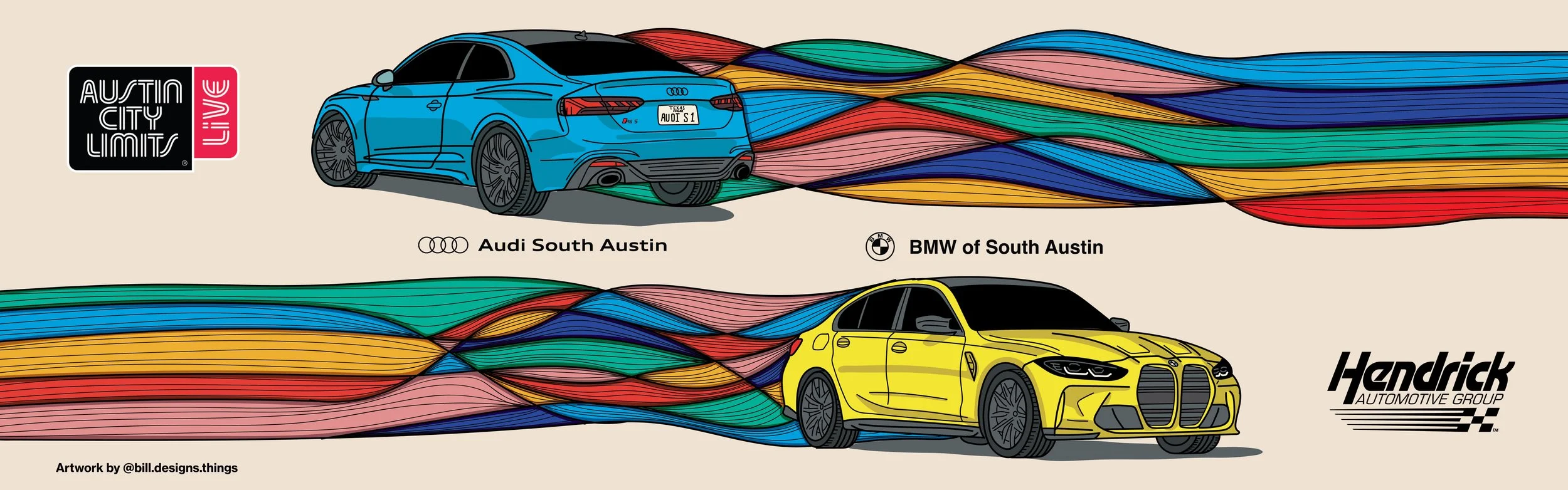 Illustration of two cars, a blue Audi and a yellow BMW, with colorful flowing lines representing traffic or dynamic motion, featuring logos for Austin City Limits, Audi South Austin, BMW of South Austin, and Hendrick Automotive Group.
