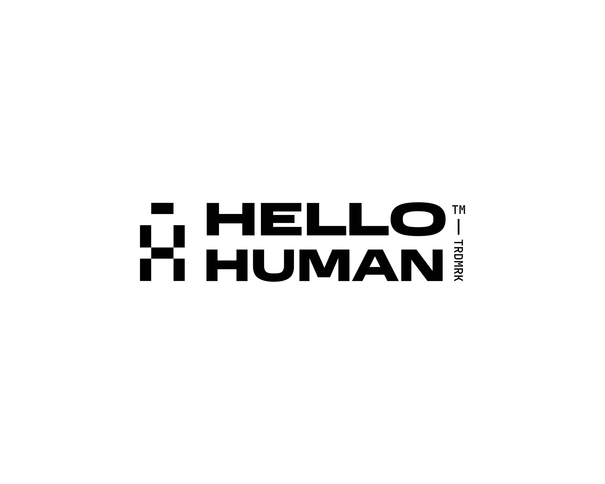 Black text on a white background reads, "HELLO, I AM HUMAN" with small pixel-like design elements.