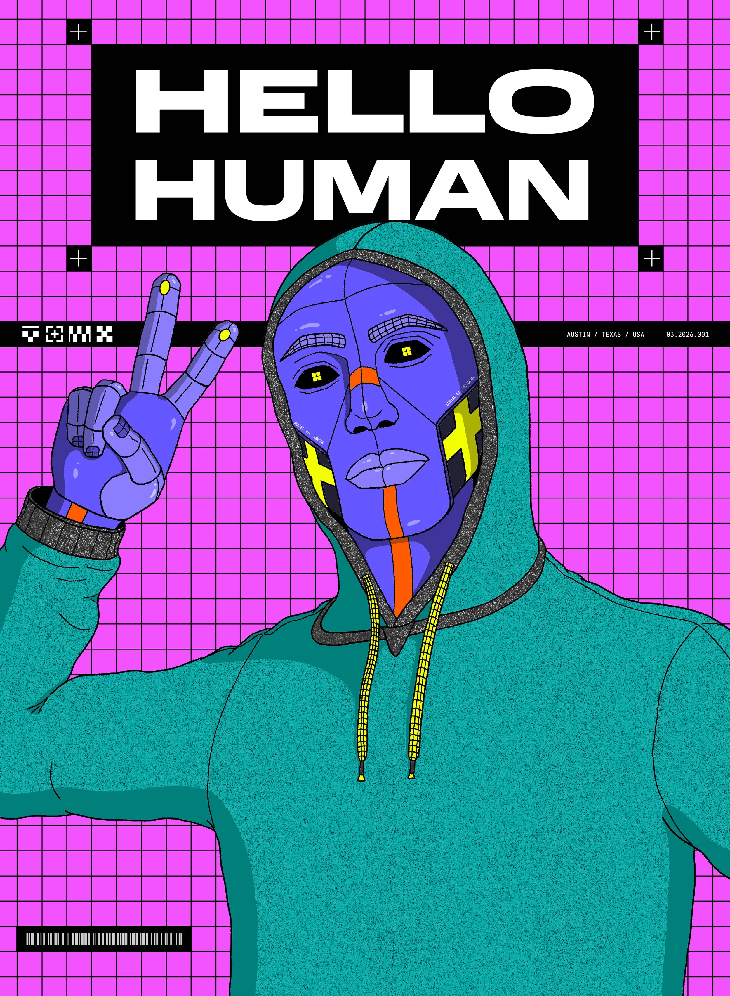 Digital illustration of a robot man wearing a hoodie, with a robotic face and glowing yellow eyes, holding up a peace sign, against a pink grid background, with an overlay sign that reads "HELLO HUMAN".