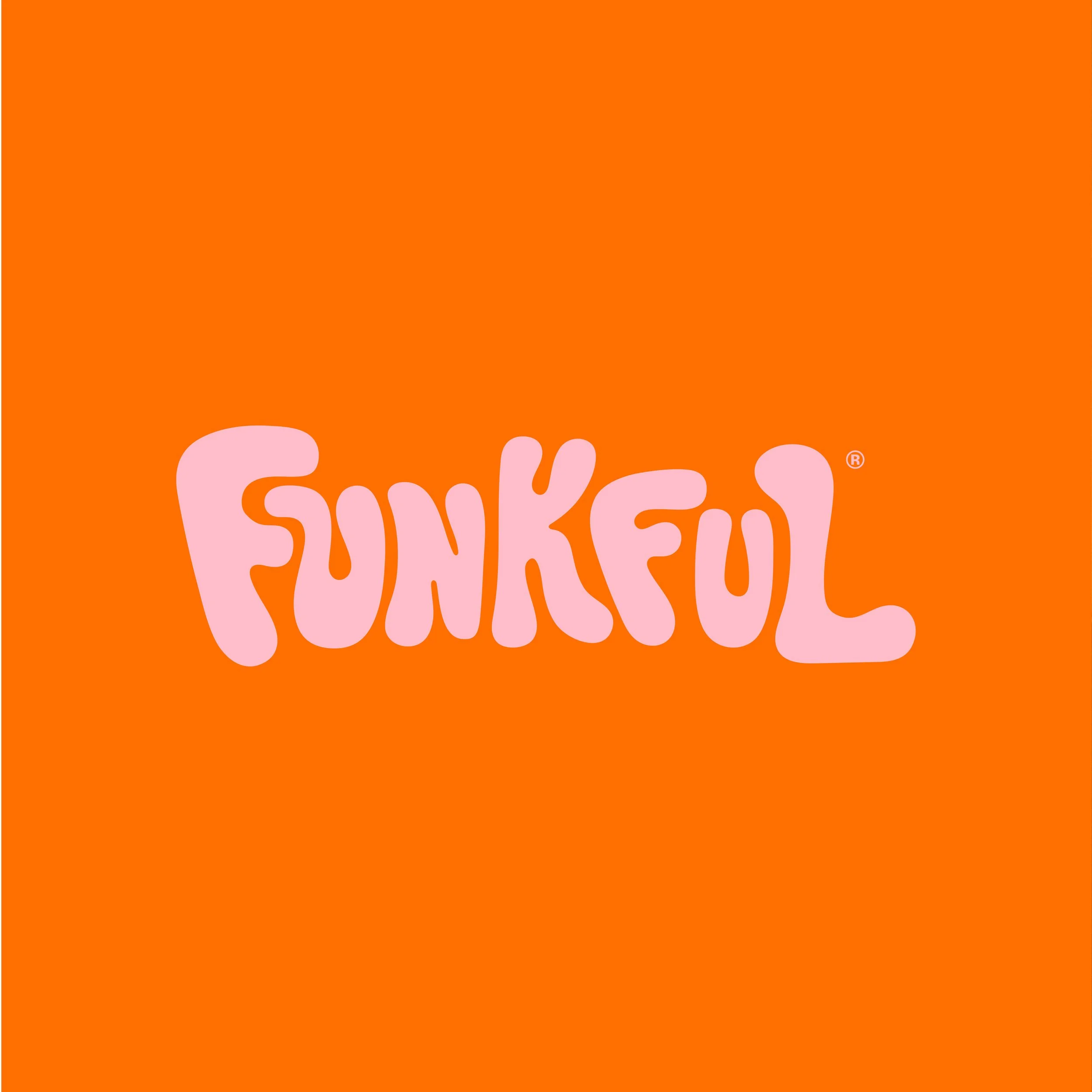 Funkful logo on an orange background, made up of pink hand drawn lettering.