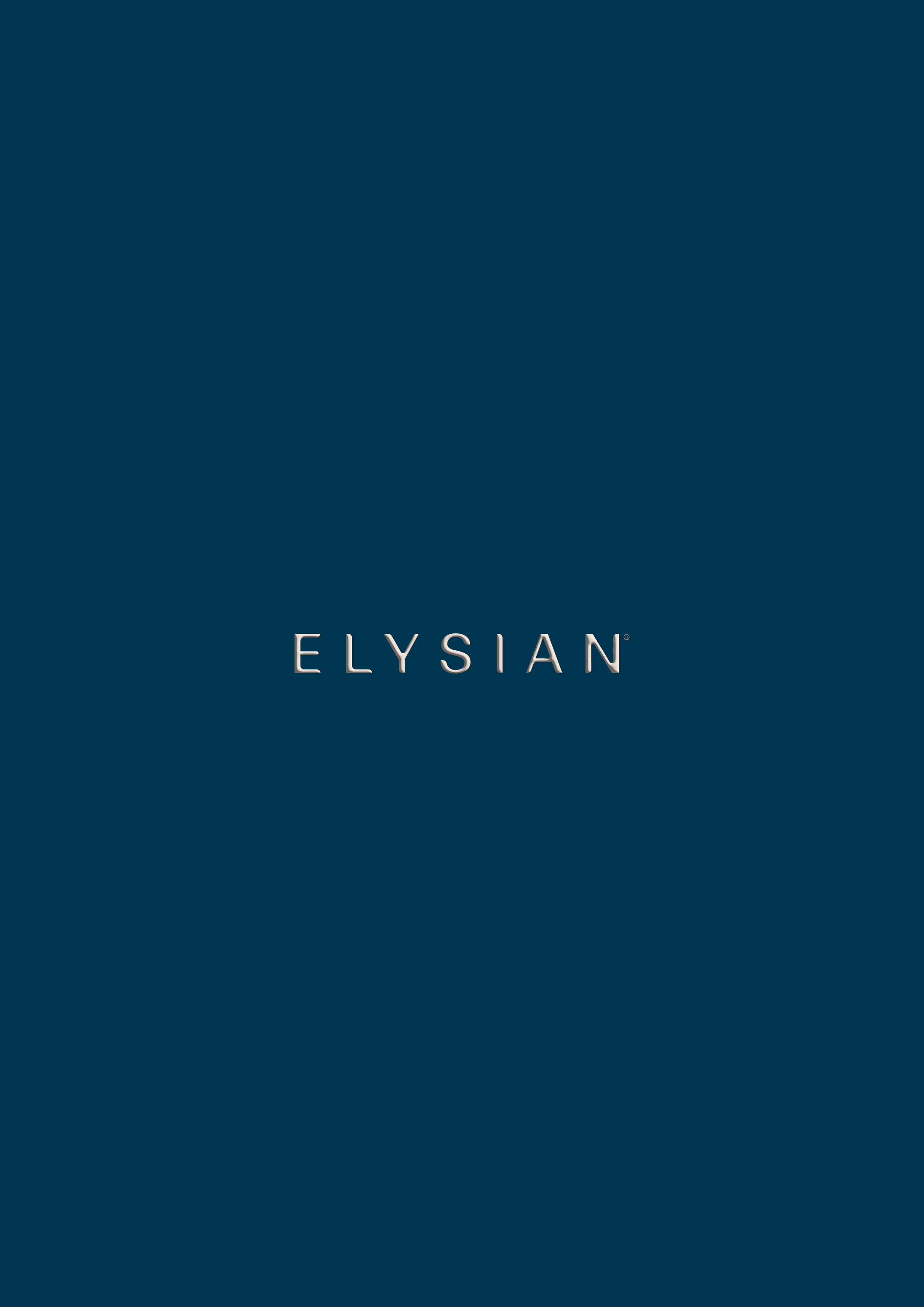 Dark blue background with the word 'ELYSIAN' in silver capital letters in the center.