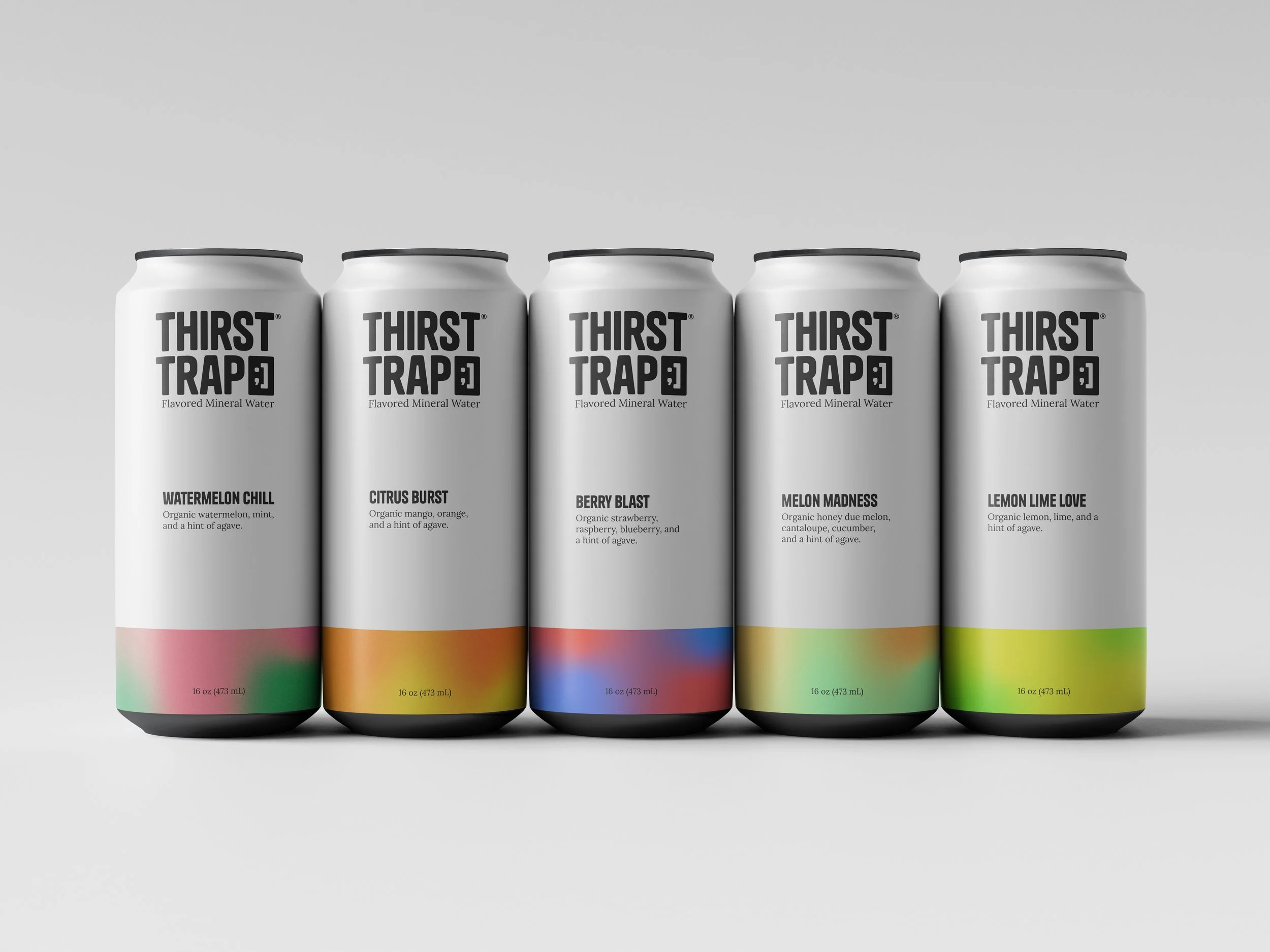 Five cans of flavored mineral water arranged in a row with different flavors: watermelon chill, citrus burst, berry blast, melon madness, and lemon lime love, each with colorful gradient bands at the bottom.