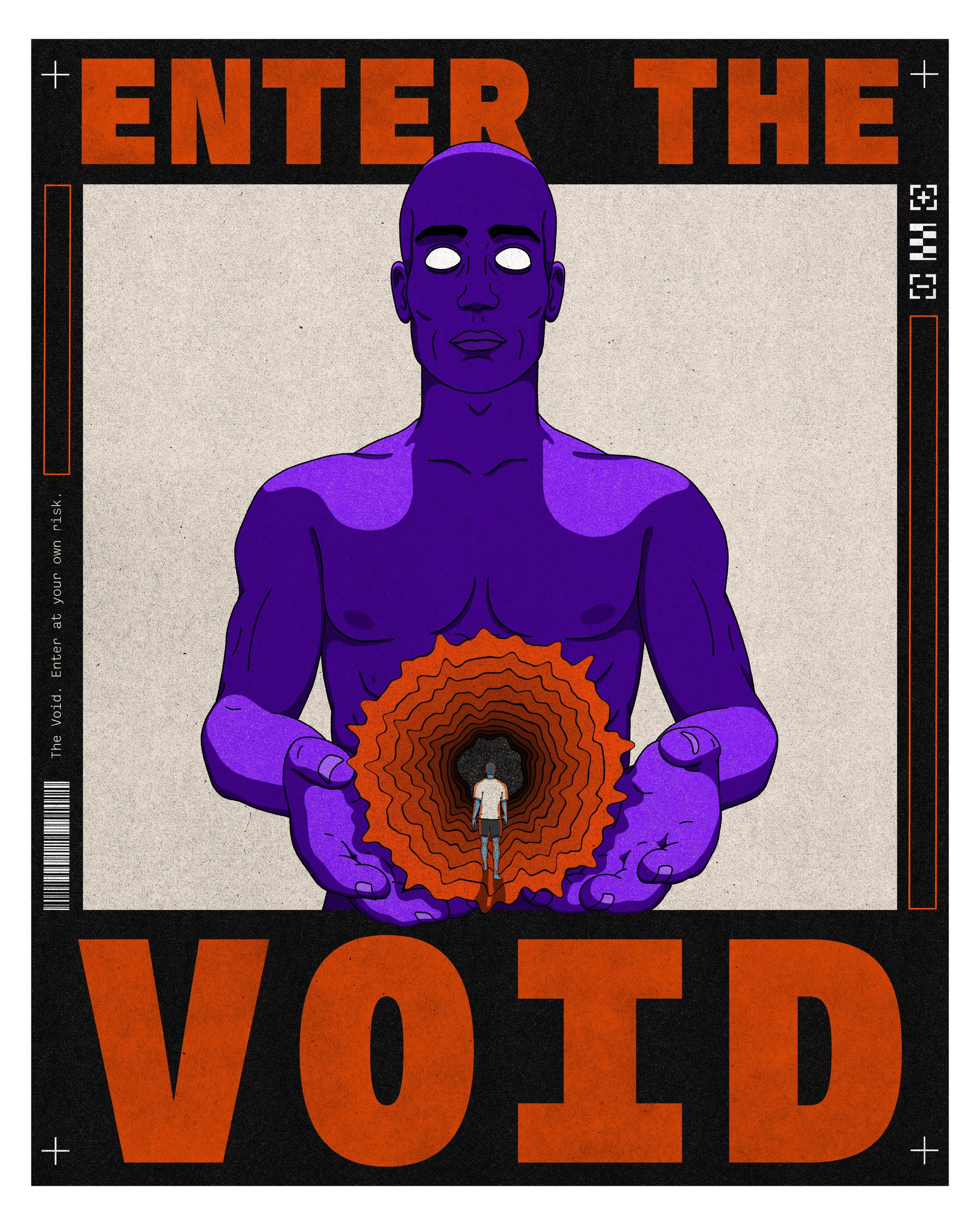 A digital illustration features a large purple humanoid figure with glowing white eyes, holding an orange and brown portal with a small person walking into it. The background is beige with black borders, with ENTER THE VOID surrounding the image.