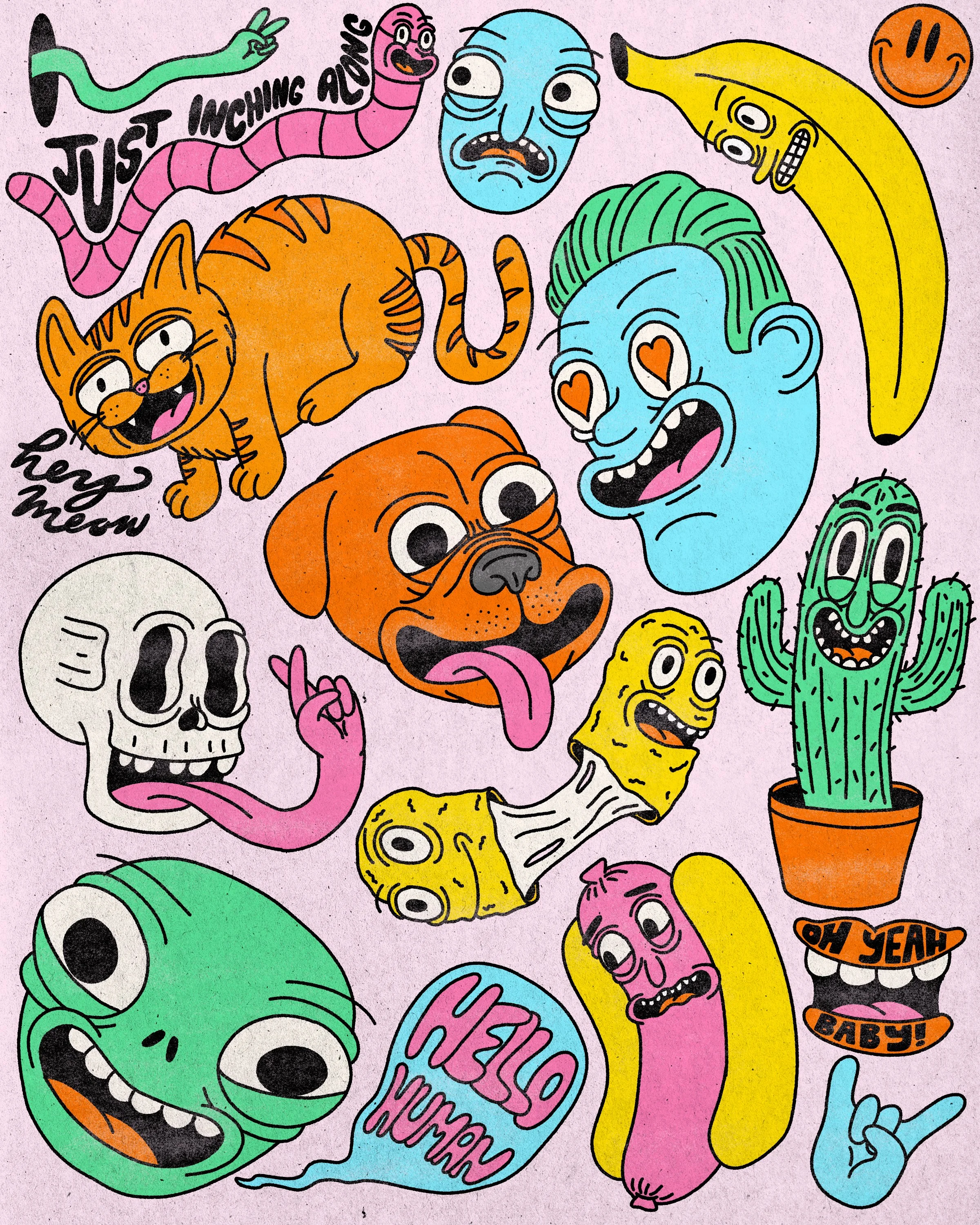 Colorful cartoon illustrations of various objects and characters, including a smiley face, a banana, a green alien, a skull, a dog, a pink tongue, and speech bubbles with phrases like 'Just inching along' and 'Oh yeah baby!'. The background is pink with a textured appearance.