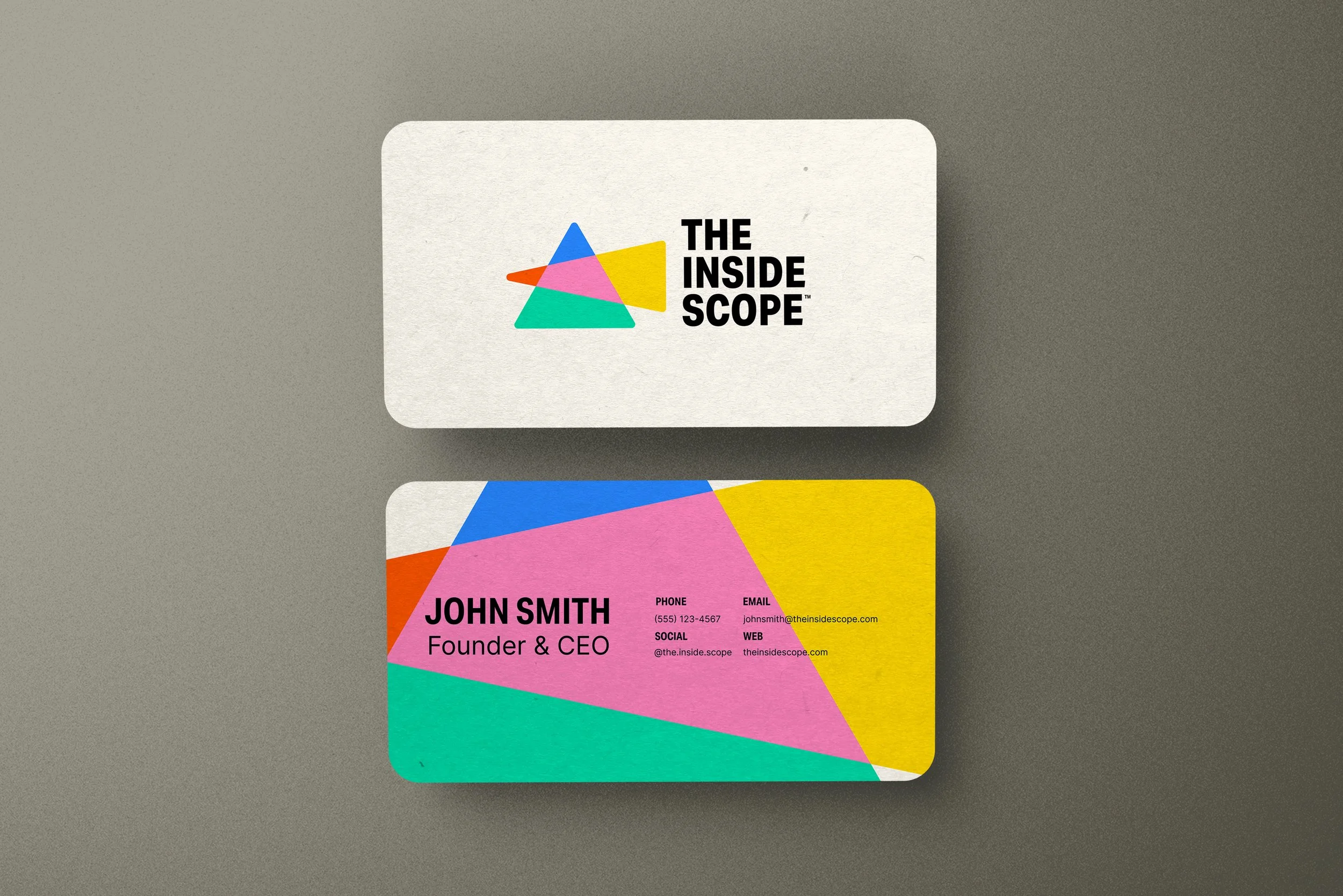 Business card for a Founder & CEO, with colorful geometric background, including contact information and social media handles on the back. The front of the card has colorful, geometric shapes and "The Inside Scope" written next to them.