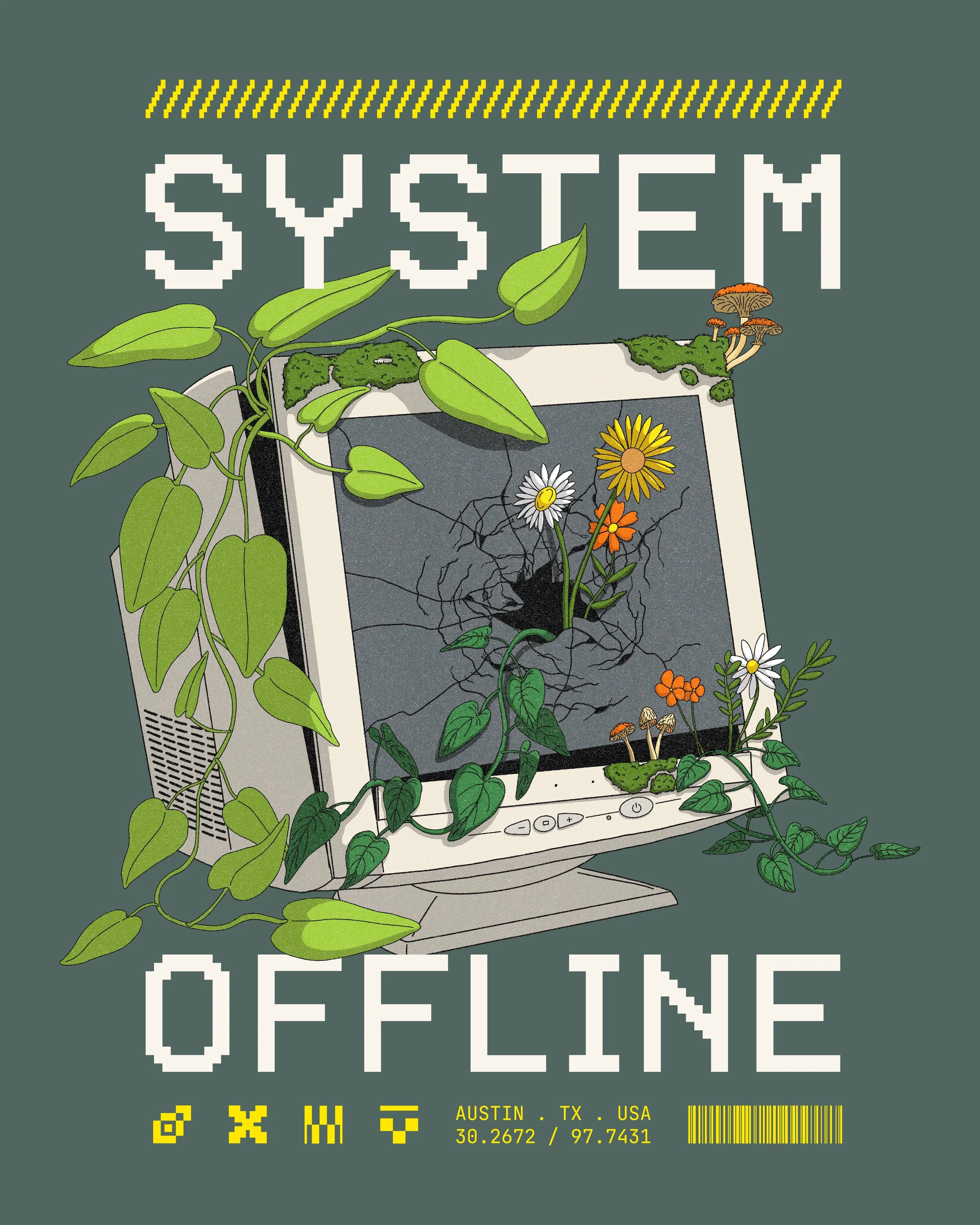 A digital illustration of a vintage computer monitor with plants growing and mushrooms on top. The display shows flowers and roots breaking through the screen, symbolizing nature and technology merging. The phrase System Offline is on top and bottom.