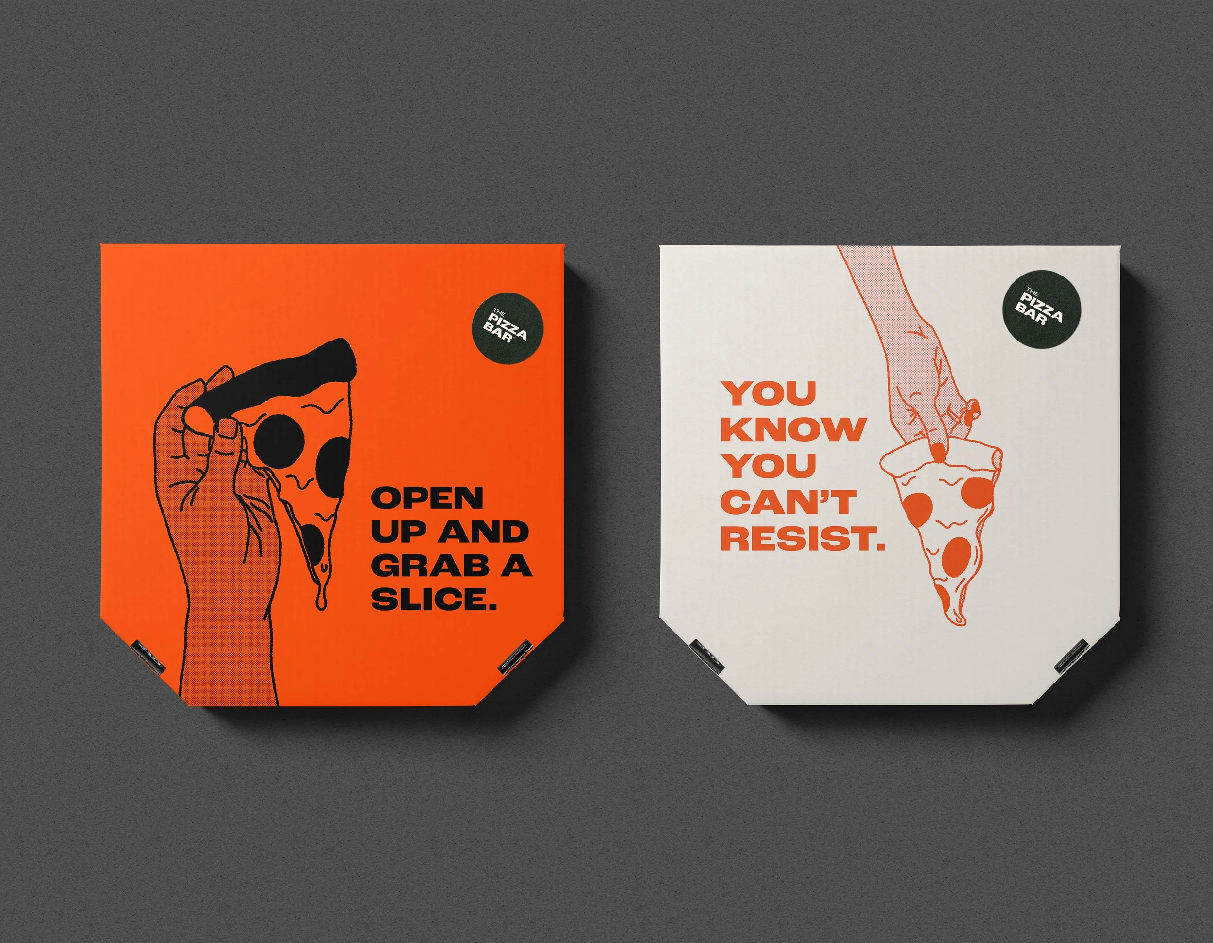 Two pizza boxes designed with minimalistic illustrations and bold text. The left box is orange with a hand holding a slice of pizza and the text "Open up and grab a slice." The right box is white with a line drawing of a hand holding a pizza slice and the text "You know you can’t resist." Both boxes have a black circular logo reading "The Pizza Bar."