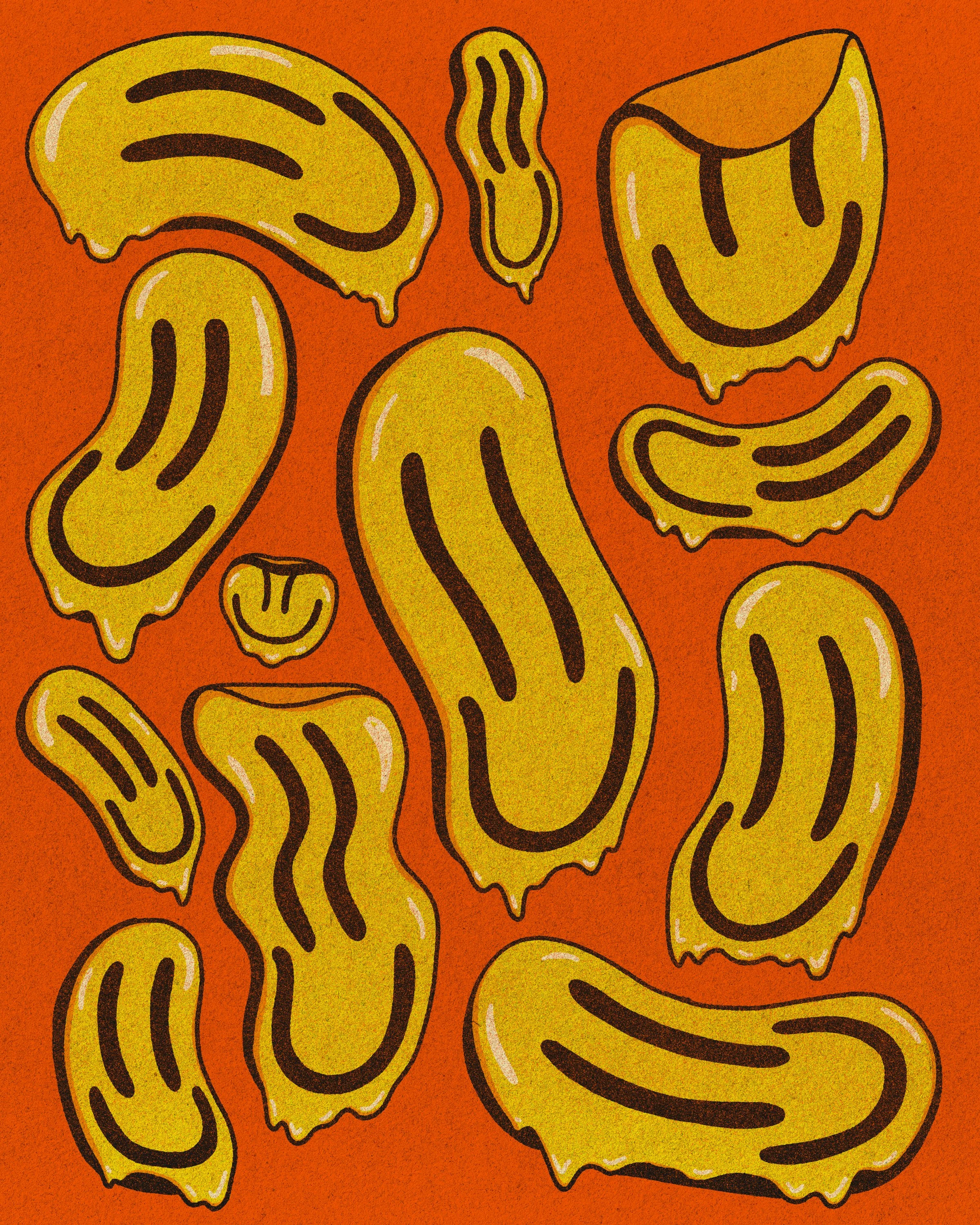 Colorful illustration of yellow macaroni pasta with black outlines on a bright orange background.
