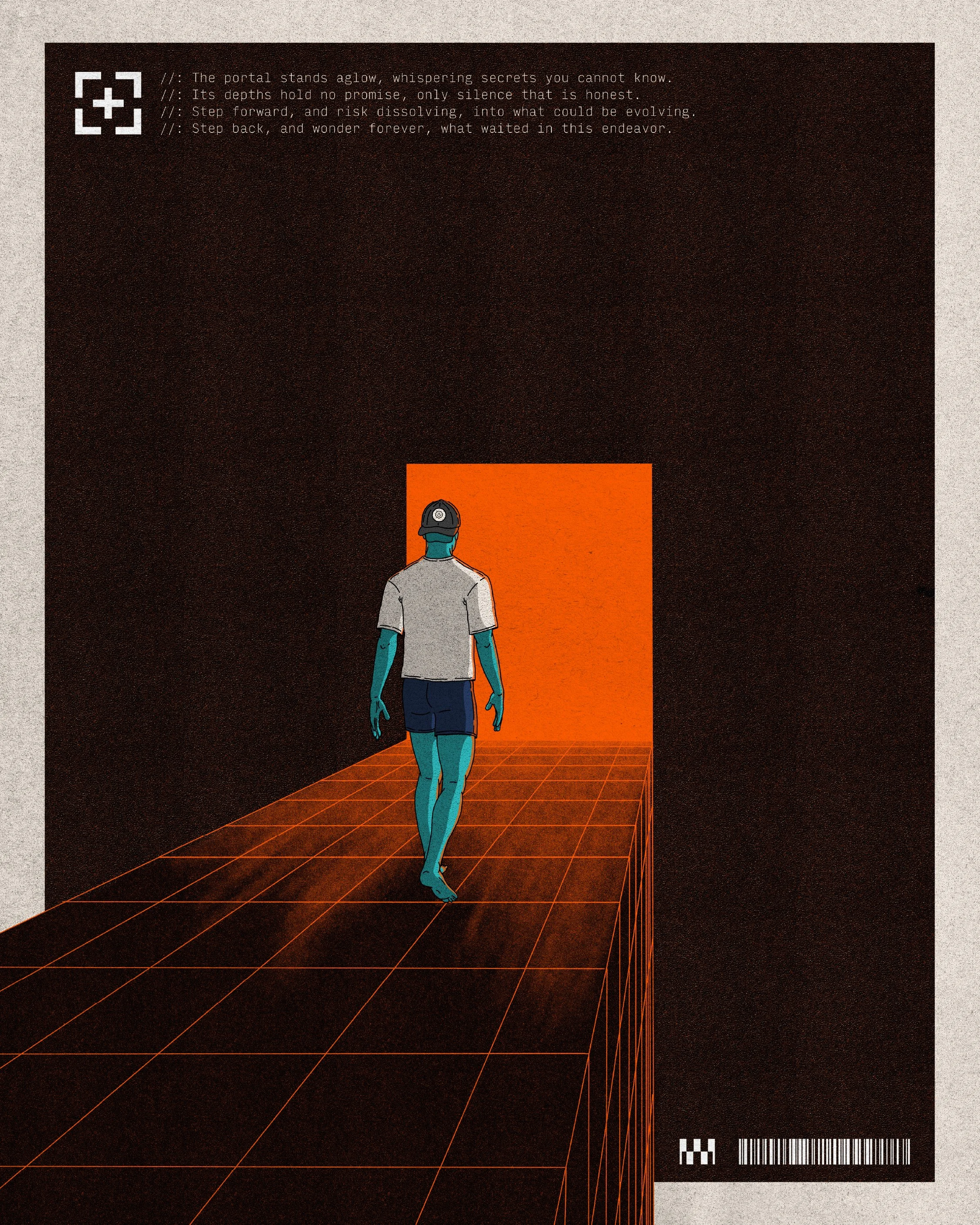 A person with blue skin, wearing a cap and casual clothing, walking into a futuristic glowing orange doorway in a digital landscape with grid lines.