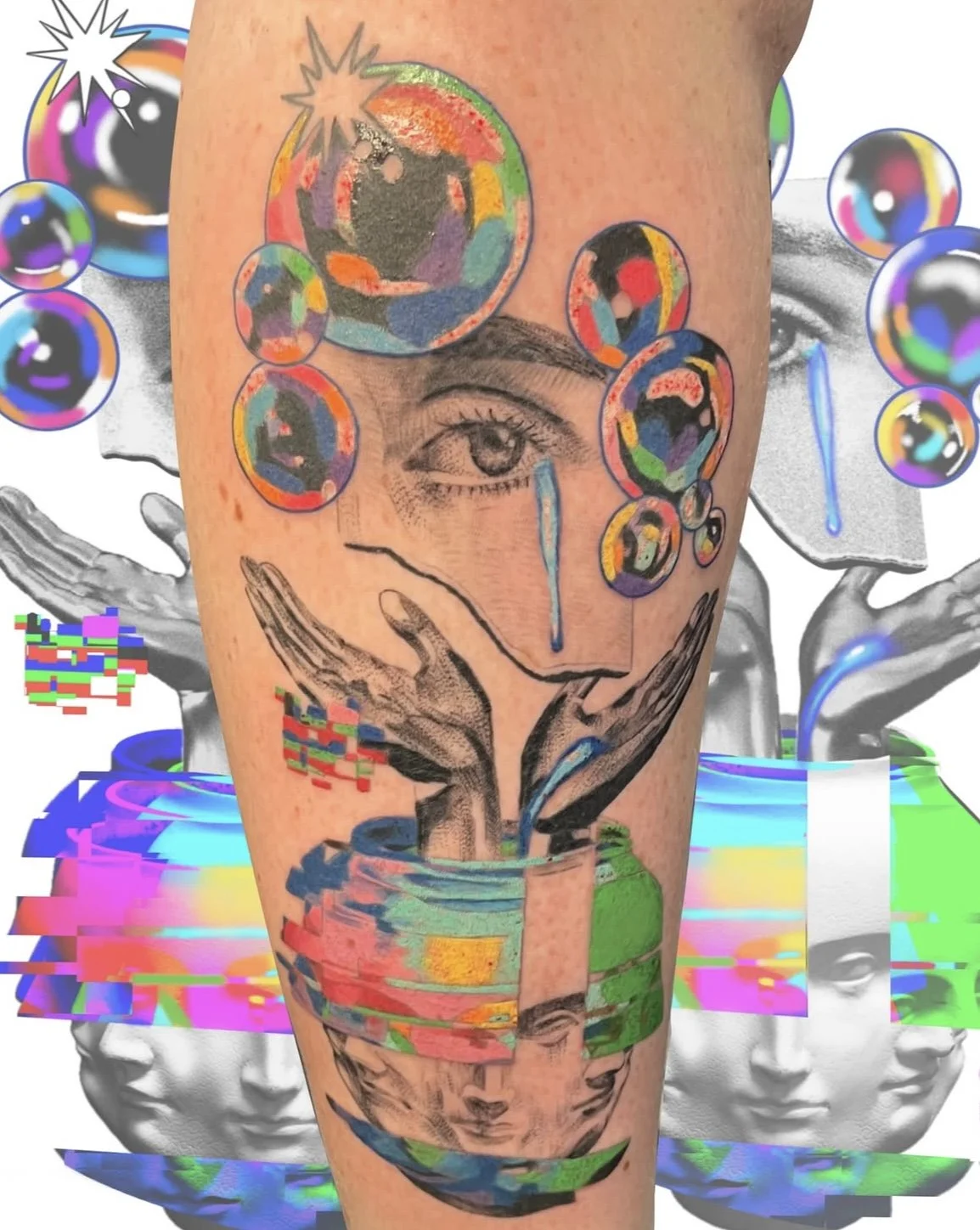 Tattoo of a black and gray eye with a tear, surrounded by colorful circles and abstract shapes, with hands and faces in the background.