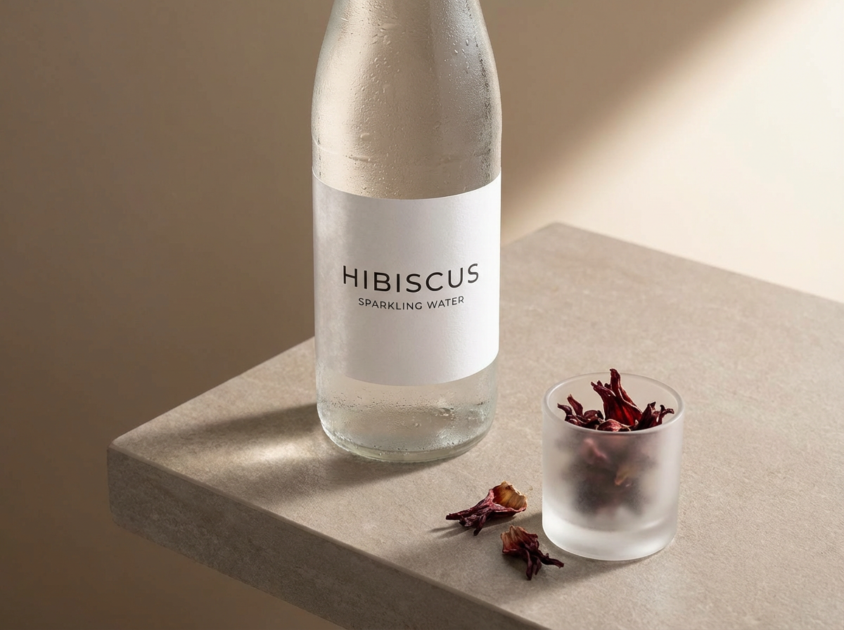 A frosted bottle of Hibiscus sparkling water on a beige surface next to a frosted cup filled with dried hibiscus flowers.