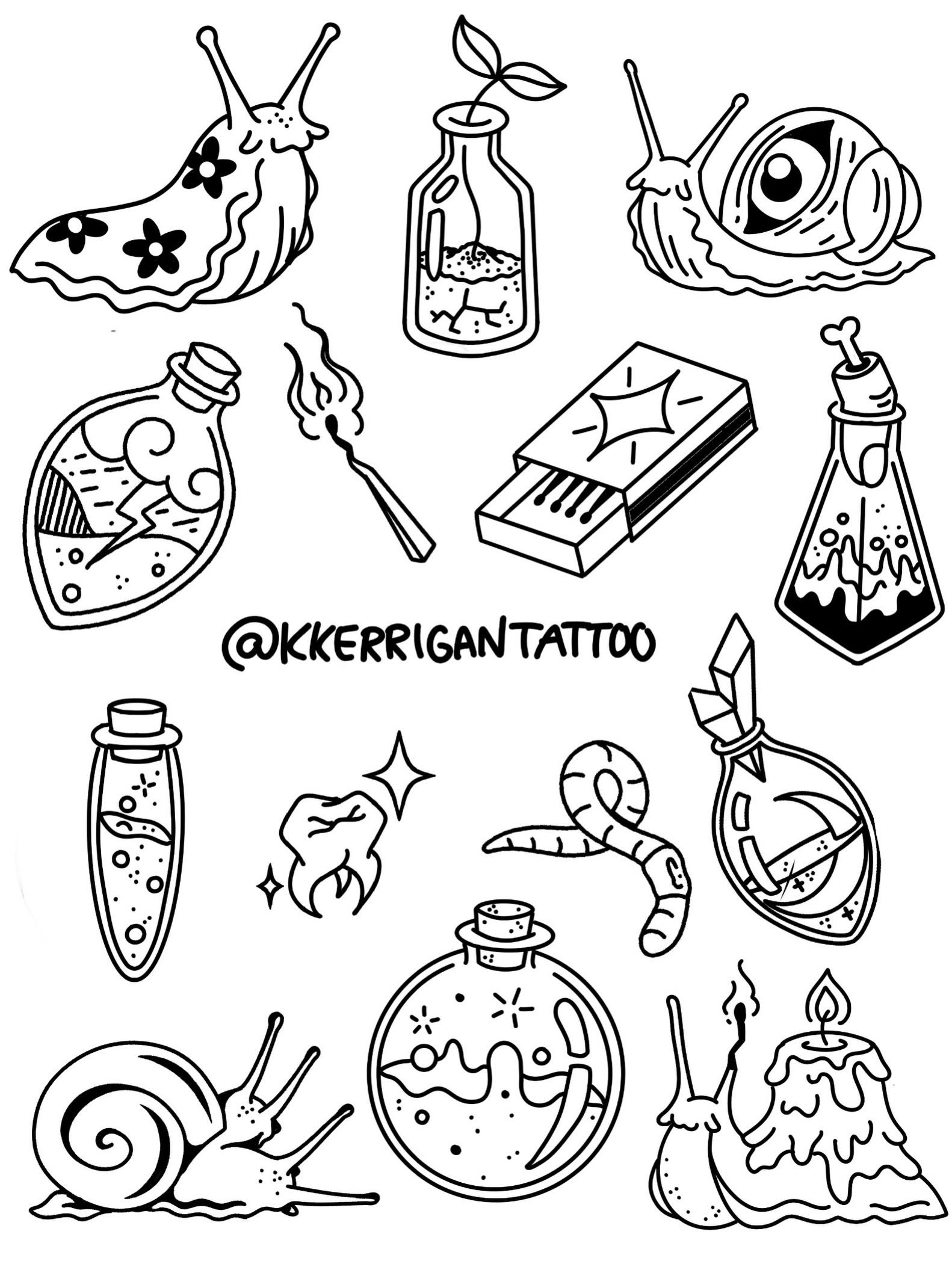 A black-and-white line art illustration featuring various whimsical items, including snails, potion bottles, a matchstick, a box of matches, a snake, a cupcake, and a leaf, along with the text '@KERRIGANTATTOO'.
