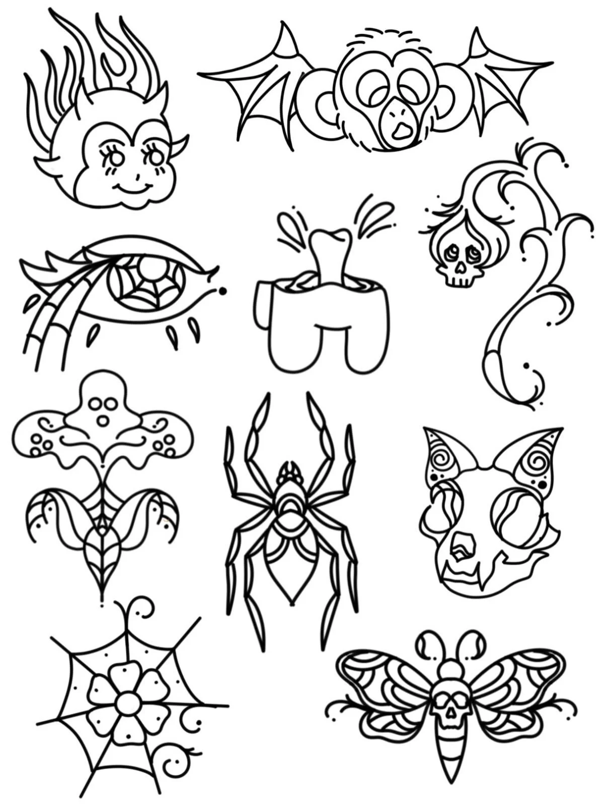 A collection of Halloween-themed line art drawings, including a smiling witch face with a hat, a bat, a spooky ghost, a skeleton skull, a spider, a butterfly with skull patterns, a creepy cat face, a spider web, and other Halloween symbols.