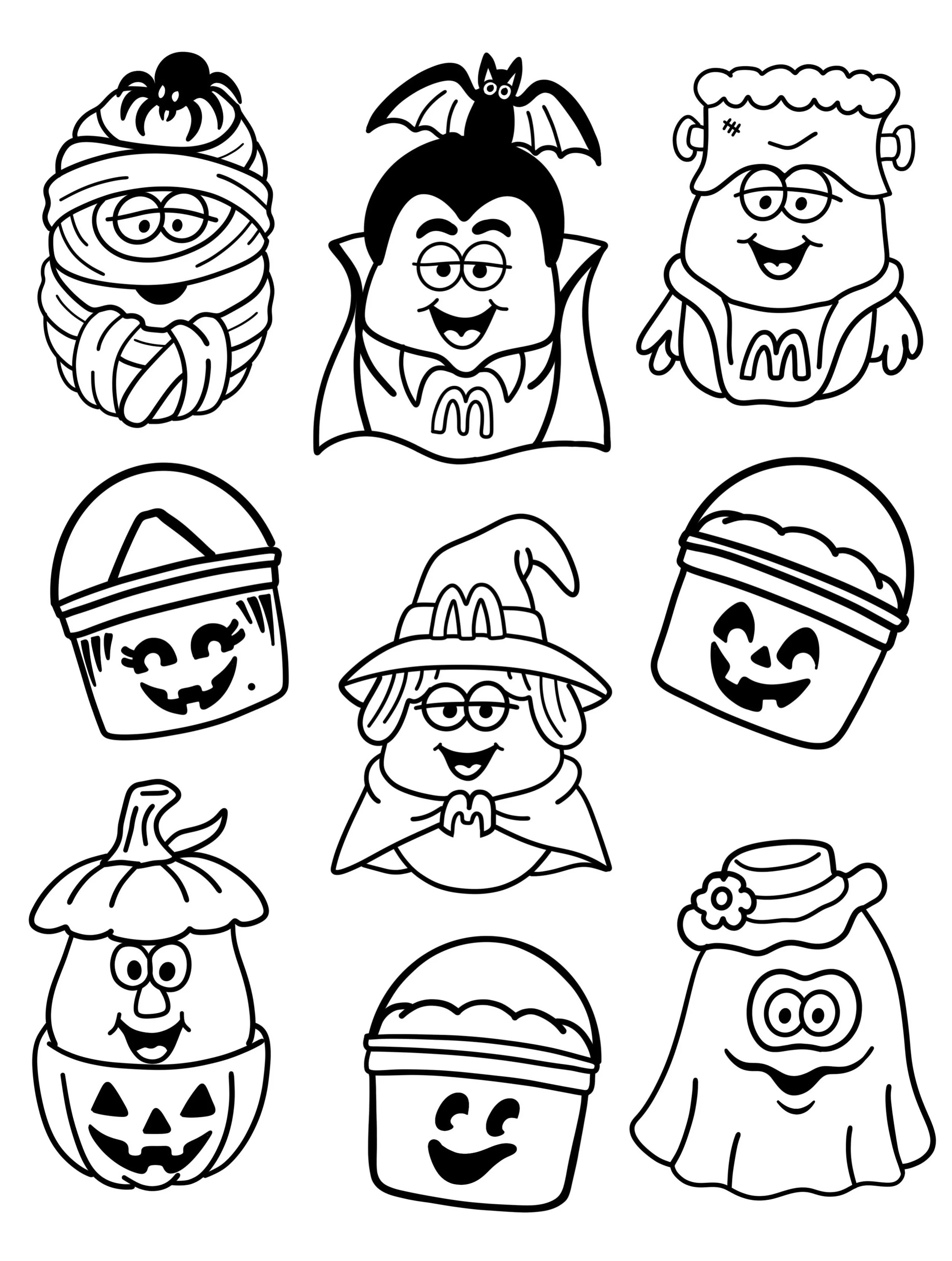 Black and white coloring sheet featuring Halloween-themed characters, including a spider on a wrapped mummy, a vampire with a bat on his head, a Frankenstein with a monster face on his chest, a ghost with a witch hat, a pumpkin with a face, a ghost with glasses, a witch with a hat and broom, a ghost with glasses, and a pumpkin with a face.