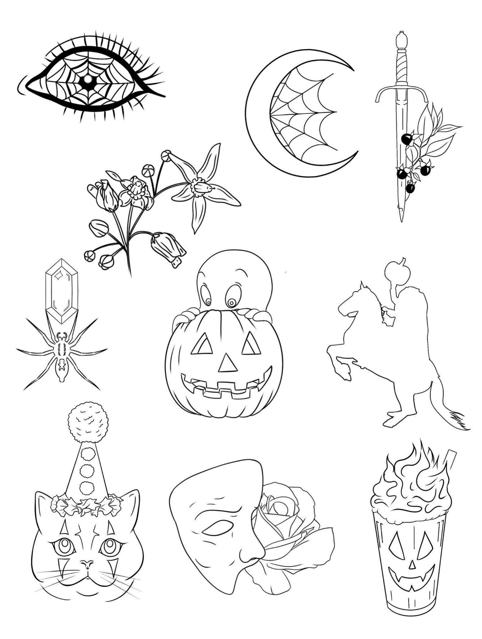 A collection of Halloween-themed line art images, including a spider with a pumpkin, a witch with a cauldron, a lunar phase with a spider web, a sword with leaves and berries, a smiling jack-o'-lantern, a unicorn, a faced chick, a bottle with bubbles, a girl with a flower, a cat, a skull with a rose, a fire, and other spooky or festive objects.