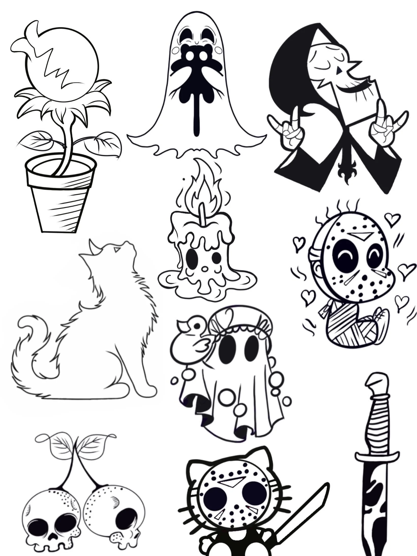 Black and white cartoon illustrations of Halloween-themed characters, including a potted sunflower with a pumpkin on top, a ghost with a skull design, a vampire girl making a rock sign, a howling wolf, a mouse with a skull mask, a grinning skull, a flying bat, a cat, and a skeleton holding a sword.