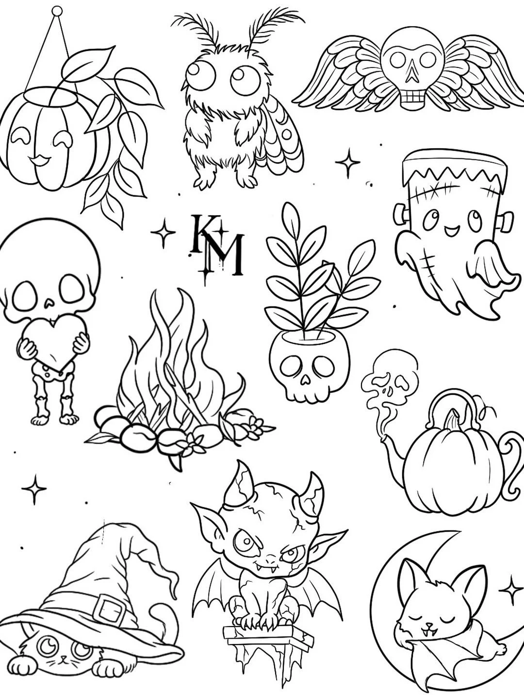 Black and white Halloween-themed coloring page featuring a smiling pumpkin, an owl, a skull with wings, a happy Frankenstein's monster, a skeleton holding a heart, a fire with pumpkins, a potted skull plant, a smoking pumpkin, a witch cat wearing a hat, a bat-like creature, and a sleeping cat on a crescent moon.