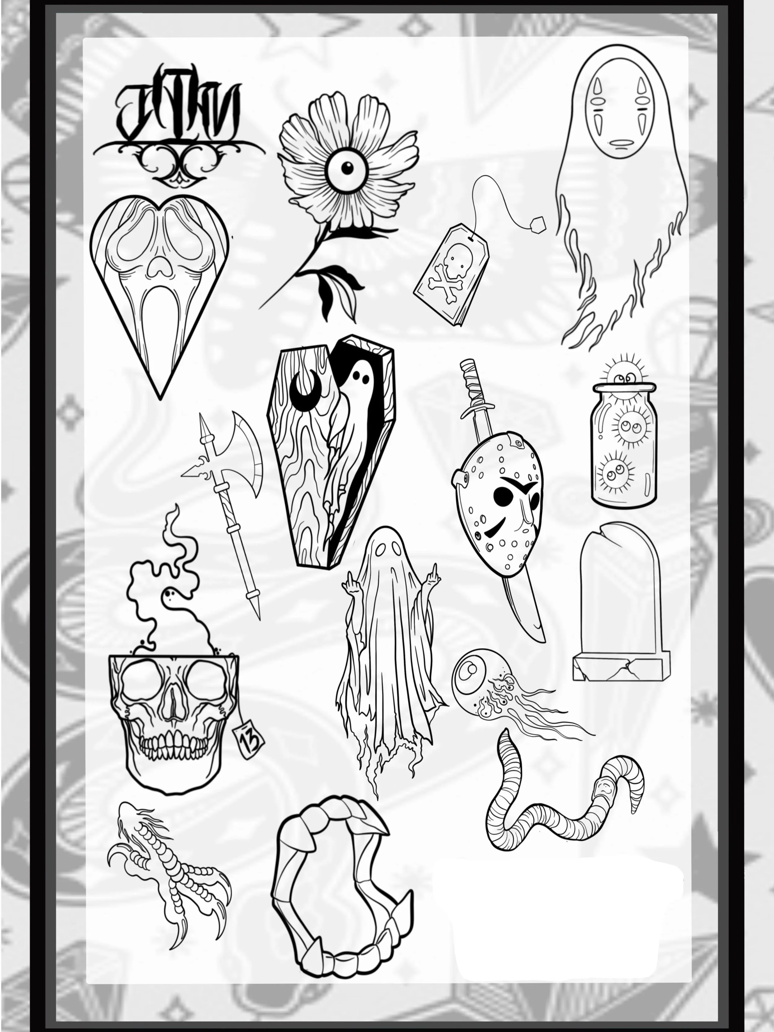 Black and white illustration featuring various spooky and Halloween-themed items, including a skull, a ghost face mask, a ghostly tree, a bottle with eyeballs, a creepy doll, a snake, a worm, a tombstone, a skull with a tag, a sword, an axe, and a ghost-like figure with outstretched arms.