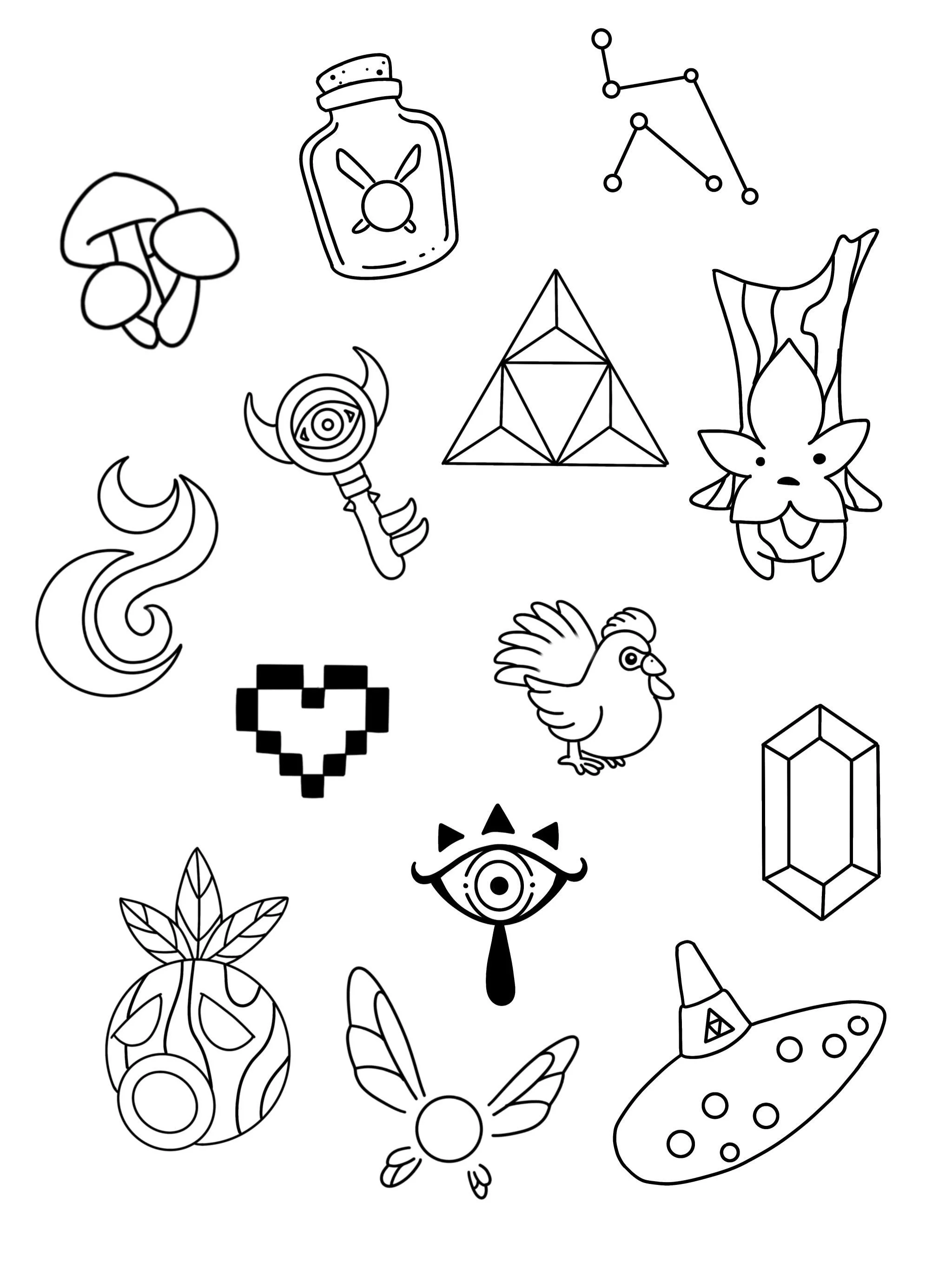 Black and white line drawing of various doodles, including mushrooms, a bottle with a sun and plant symbol, a constellation, a fantasy creature, a pixelated heart, an eye, a bee, a pineapple, leaves, and a toy rocket.