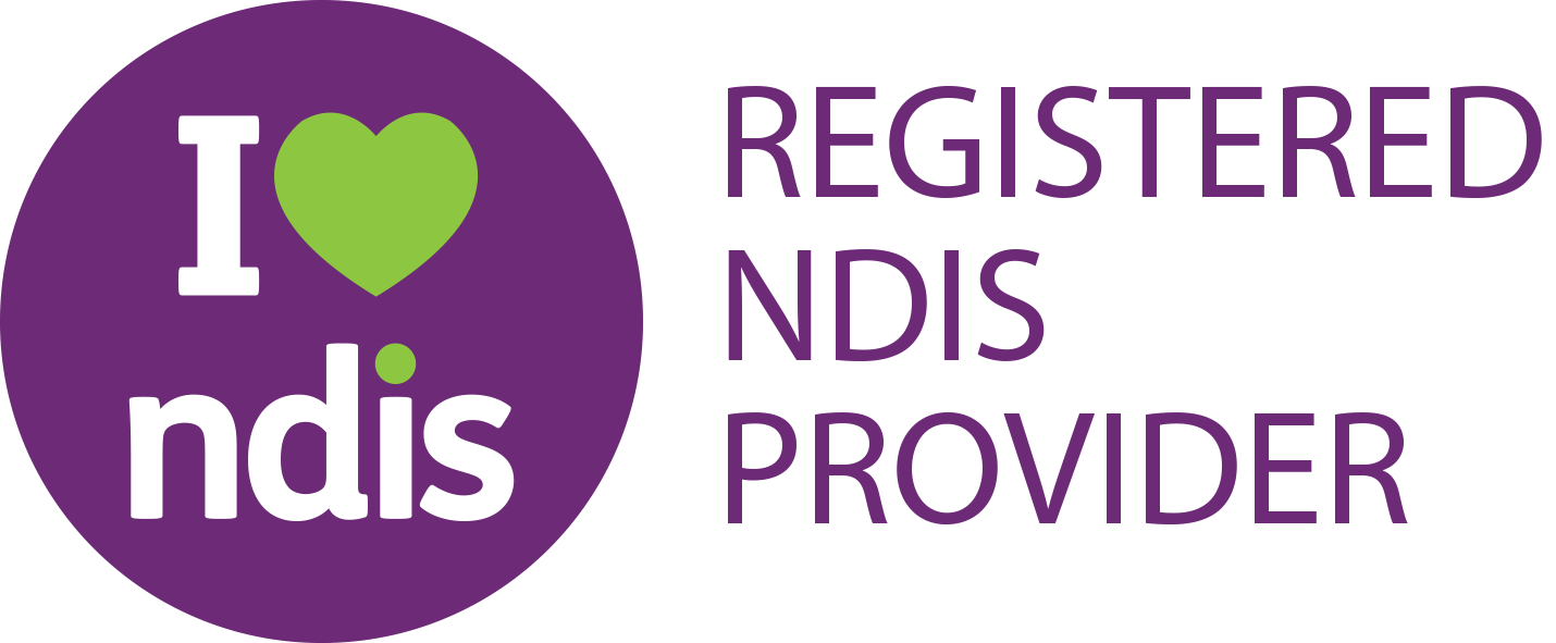 Logo with purple circle and green heart, text reads "I love nds" and "Registered NDIS Provider" in purple