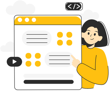 Illustration of a woman pointing at a webpage interface with icons and text, surrounded by clouds, with a code symbol at the top.