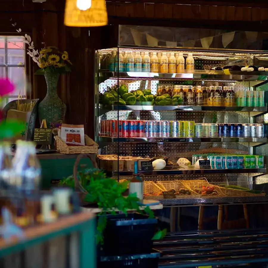 Display case with canned beverages, green vegetables, and eggs in a rustic store, decorated with flowers and plants.