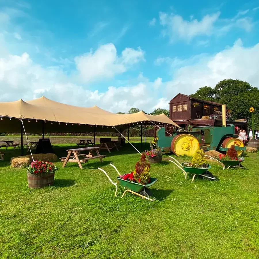 Outdoor scene with a large beige tent, wooden picnic tables, a vintage tractor with large yellow wheels, potted flowers, wheelbarrows filled with plants, grass, and trees under a blue sky with clouds.