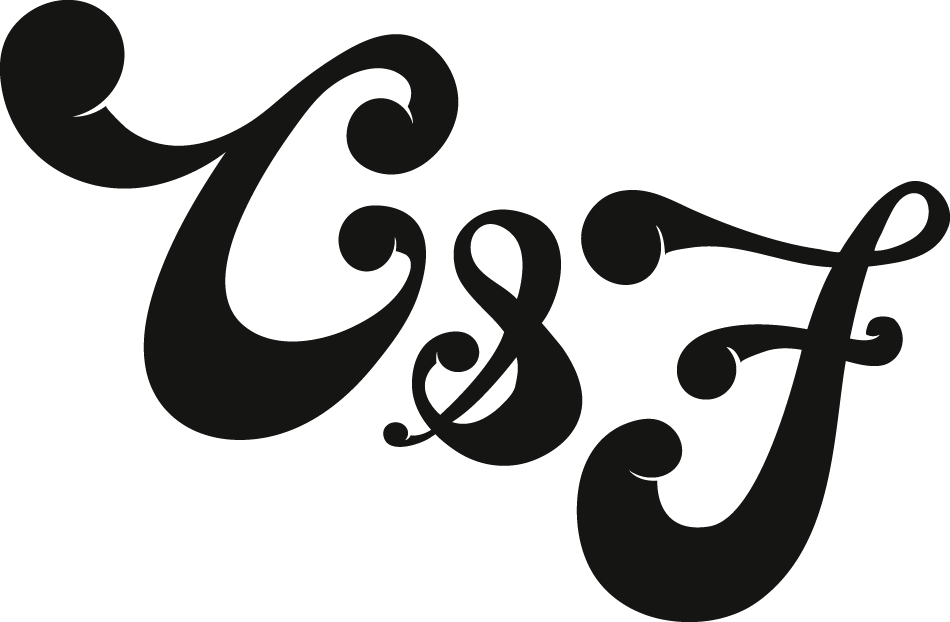 An elegant, black cursive monogram of the letters C, & and F intertwined.