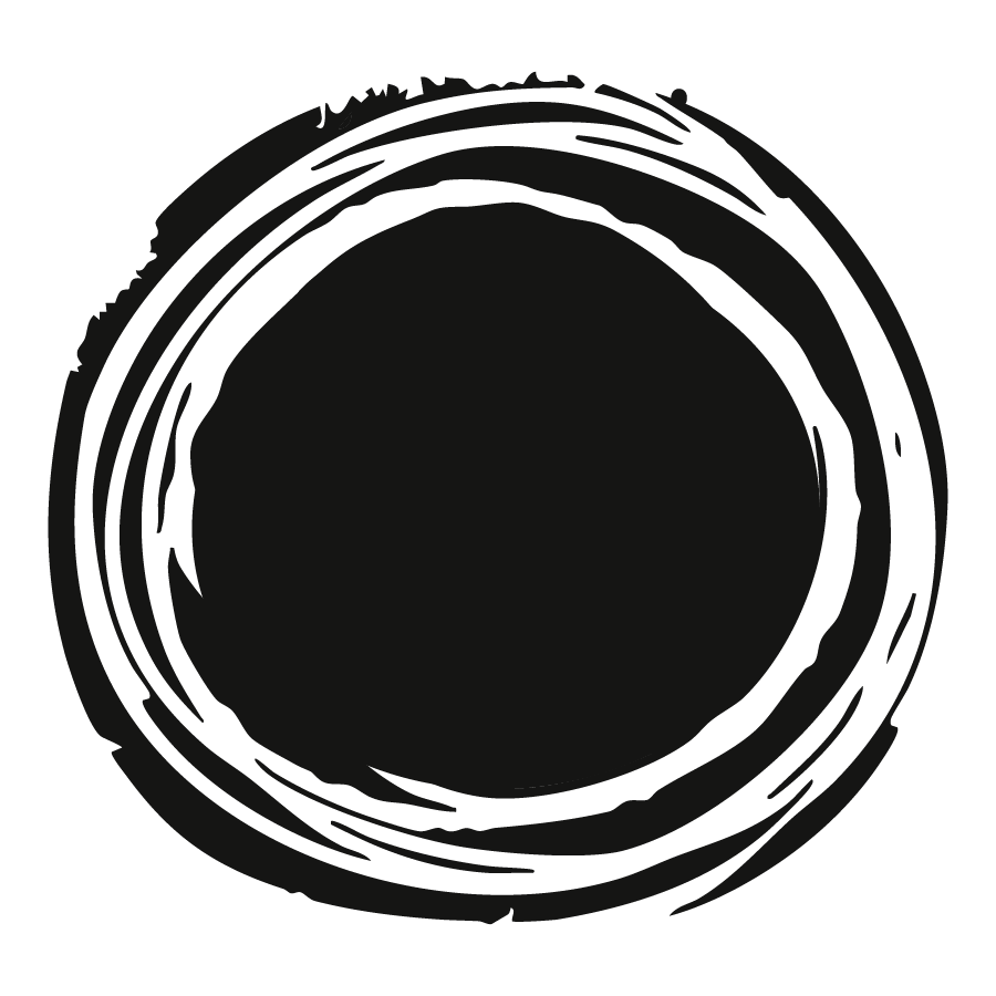 A black circle with a textured, brush-stroke style border.