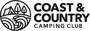 Coast & Country Camping Club logo featuring a tree, a tent and rolling waves design.