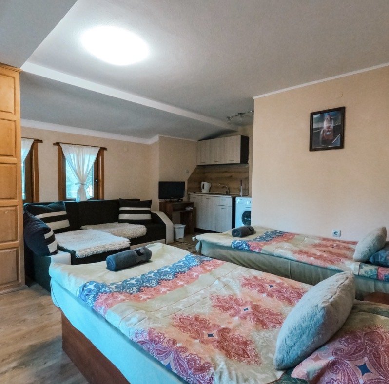A cozy room with two beds, a black and white sofa, a small TV, a kitchenette with a washing machine, and a framed picture on the wall.