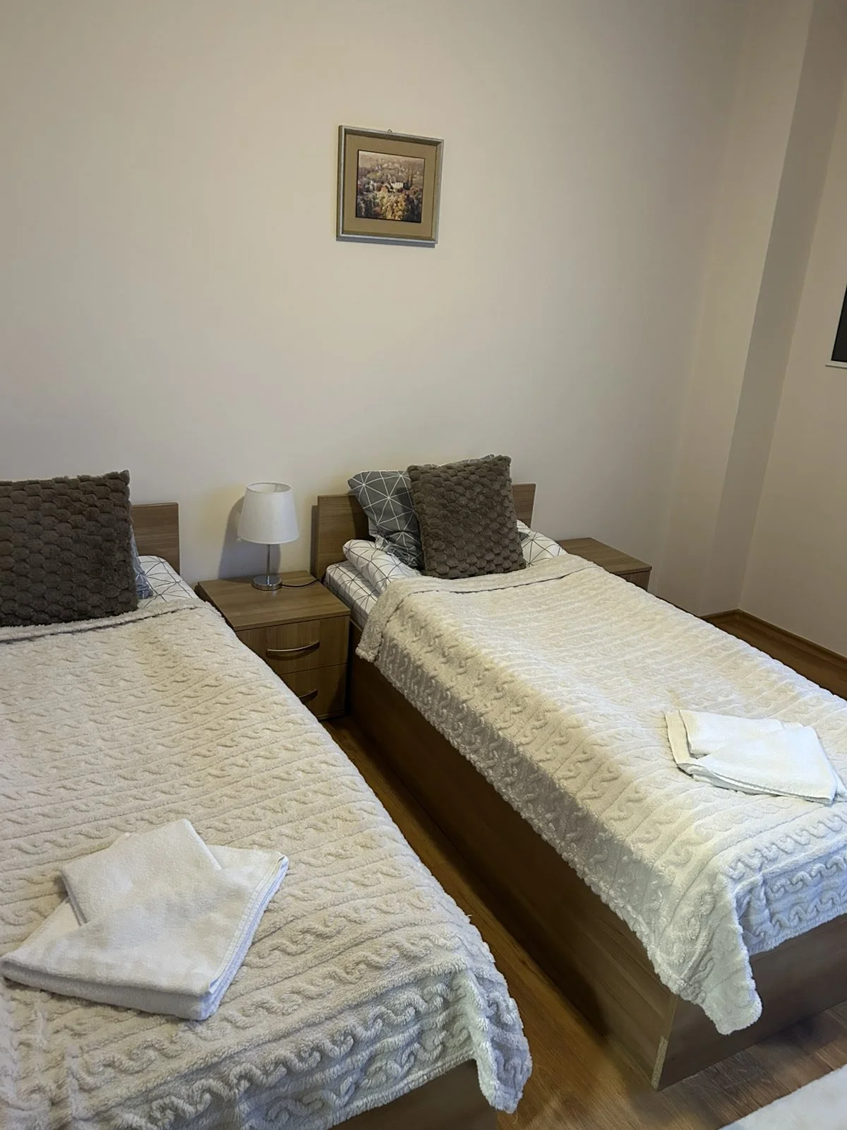 Two single beds with white textured blankets, each with a folded towel and pillow. A wooden nightstand with a white lamp is between them. The room has white walls and a small framed painting above the beds.