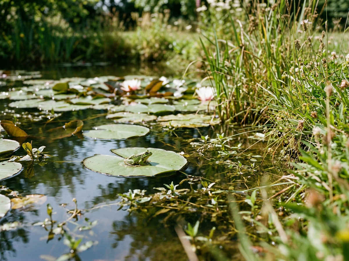 Wildlife pond, water lilies, frog