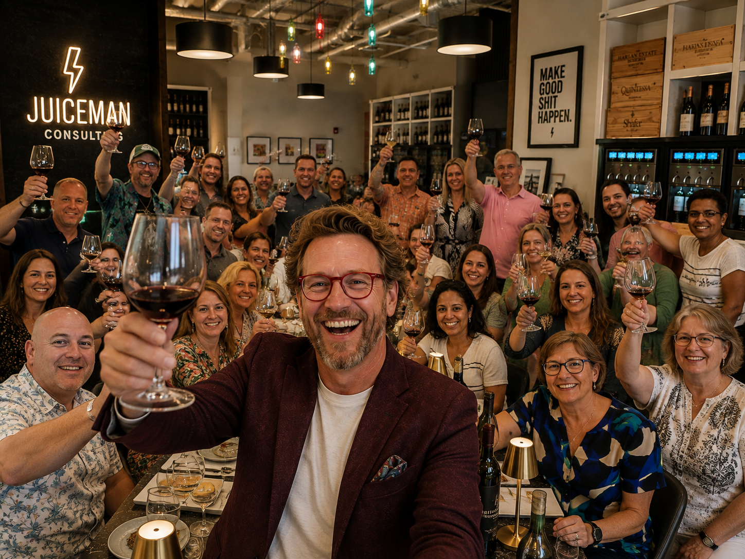 Guests raising wine glasses at a lively restaurant dinner.