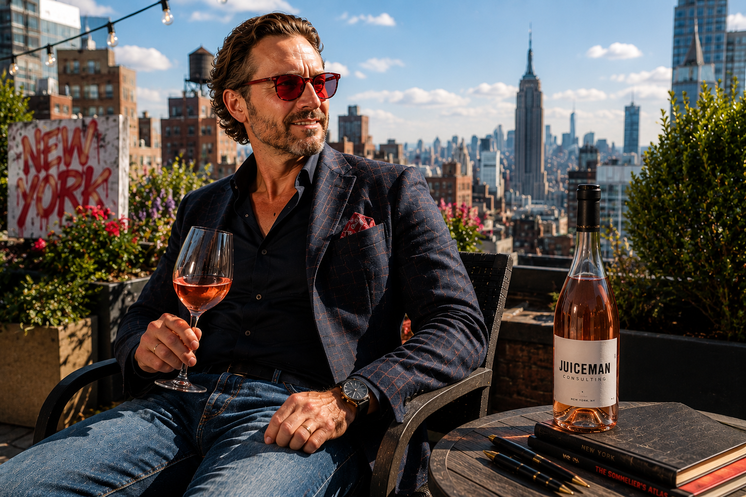 A stylish man with sunglasses holding a glass of rosé wine on a rooftop with New York City skyline in the background, daytime.
