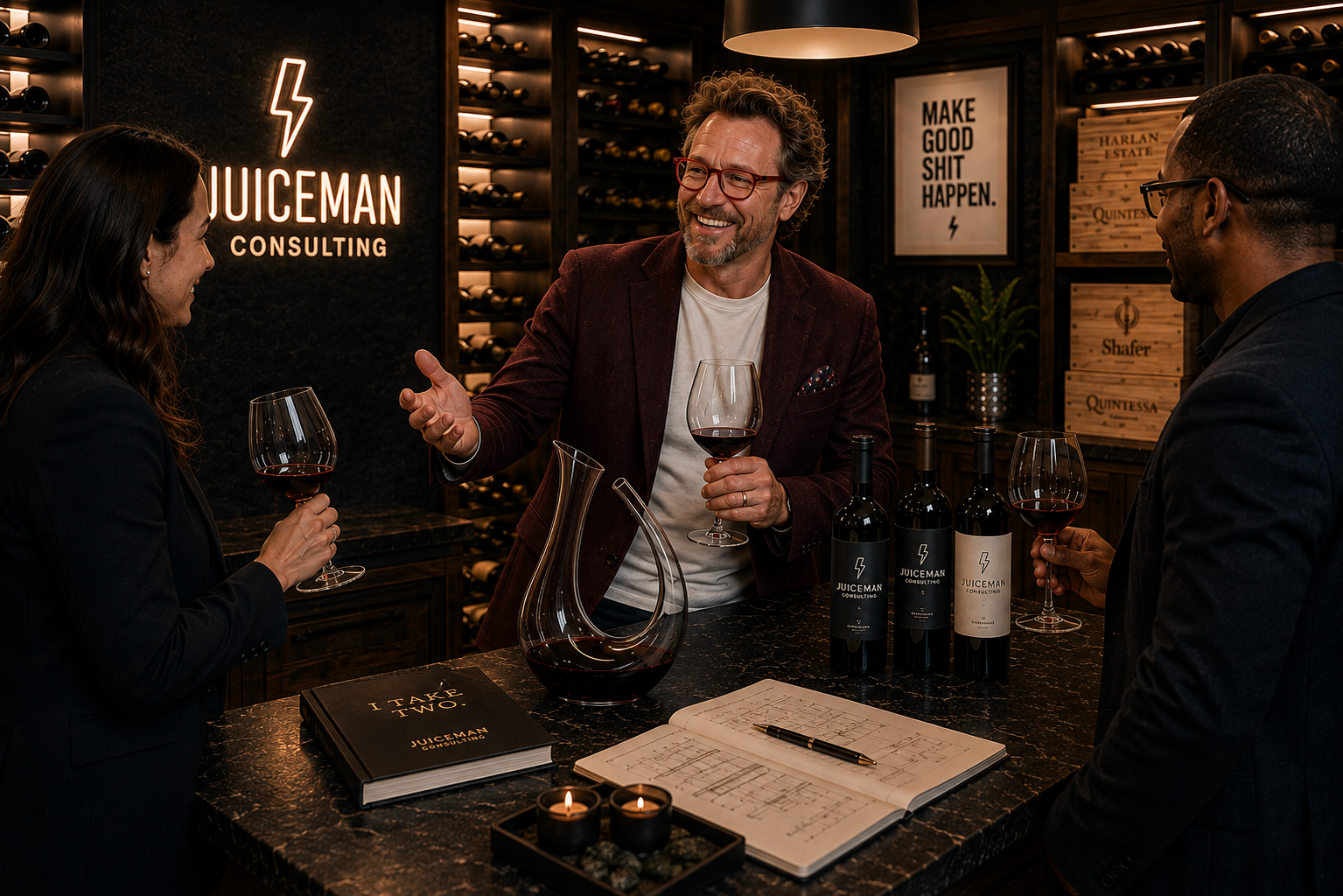 Private wine consultation with guests inside a wine cellar.