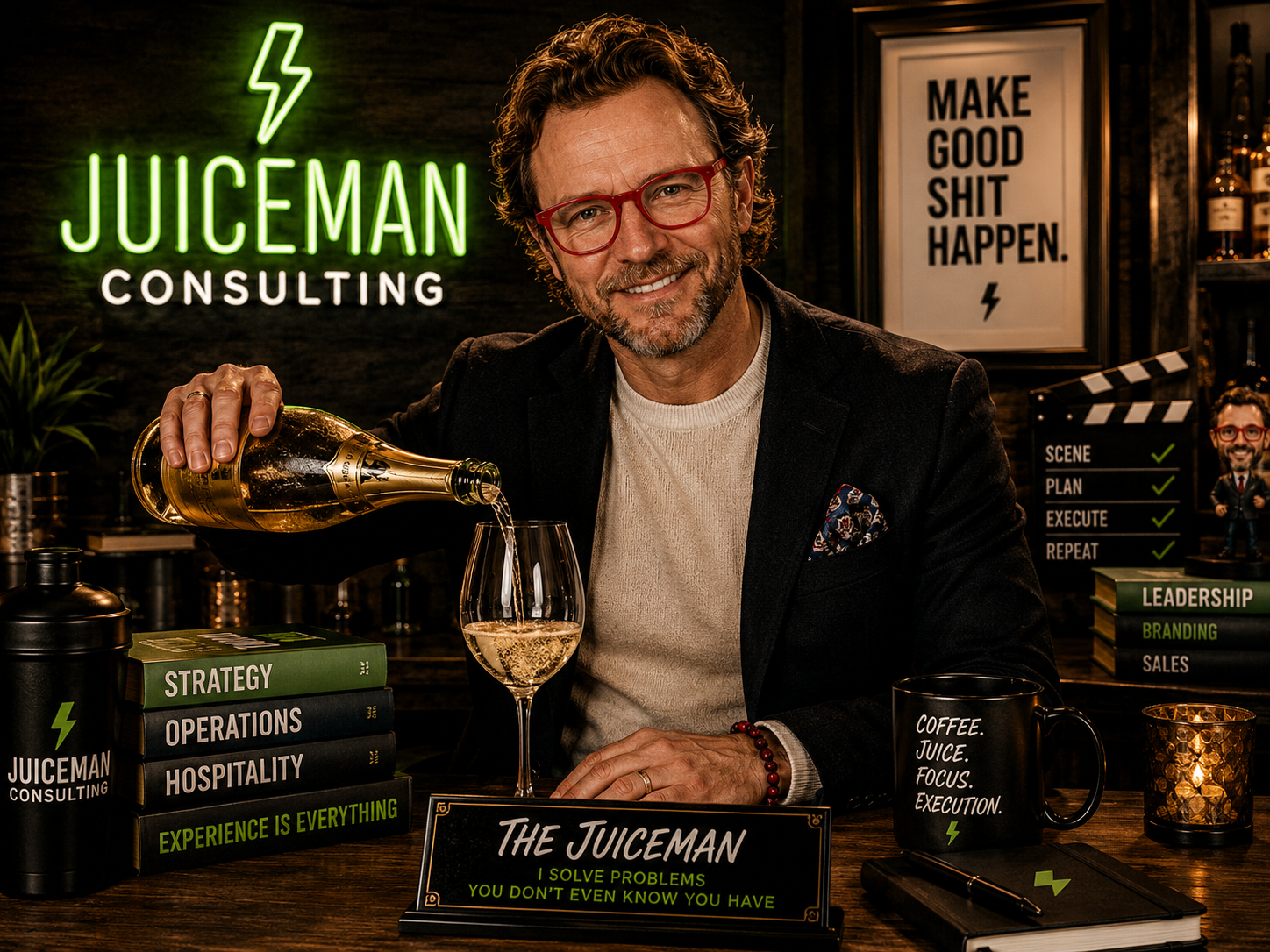 Juiceman Consulting wine educator pouring Champagne for a private tasting.