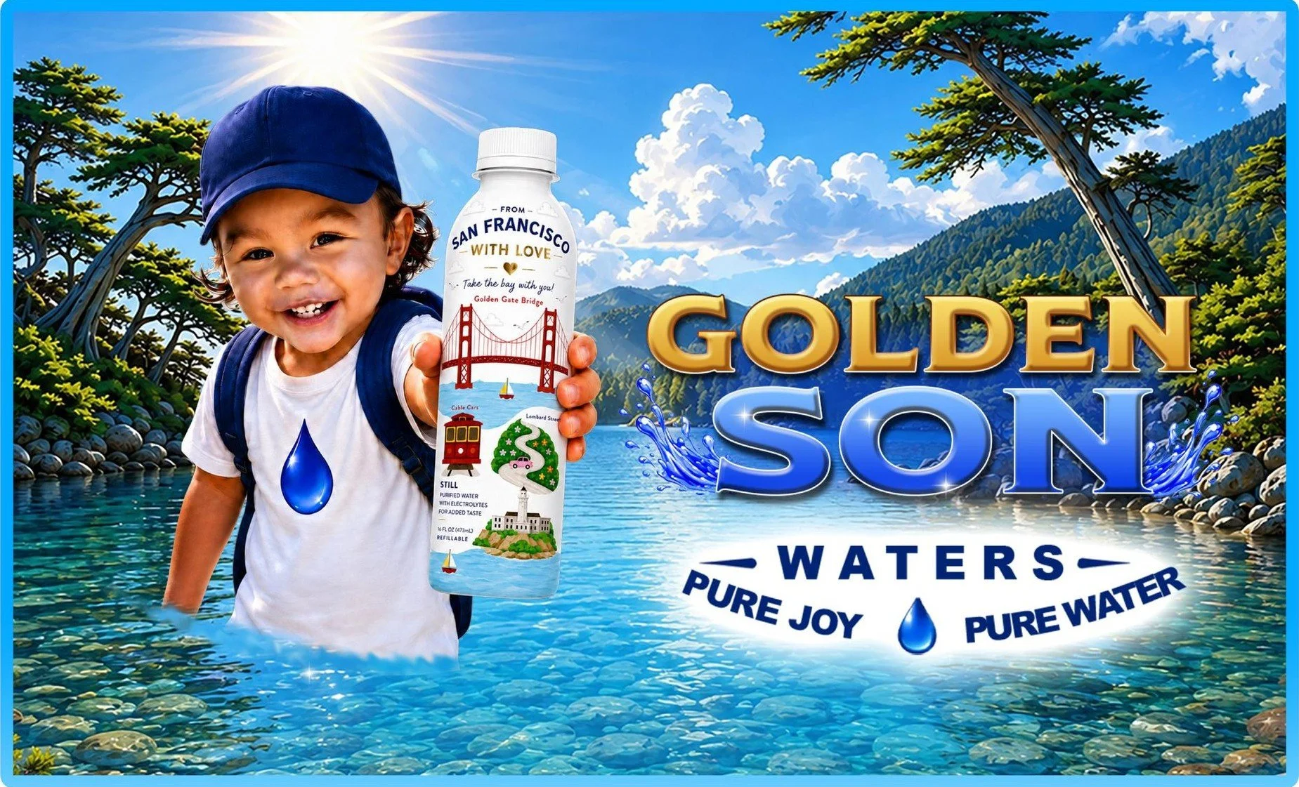 A smiling young boy wearing a blue baseball cap and white t-shirt standing in water outdoors, holding a bottle of water with San Francisco landmarks. The background shows a river, trees, mountains, and a blue sky with clouds and sunlight. The text on the image: "Golden Son Water, Pure Joy, Pure Water".