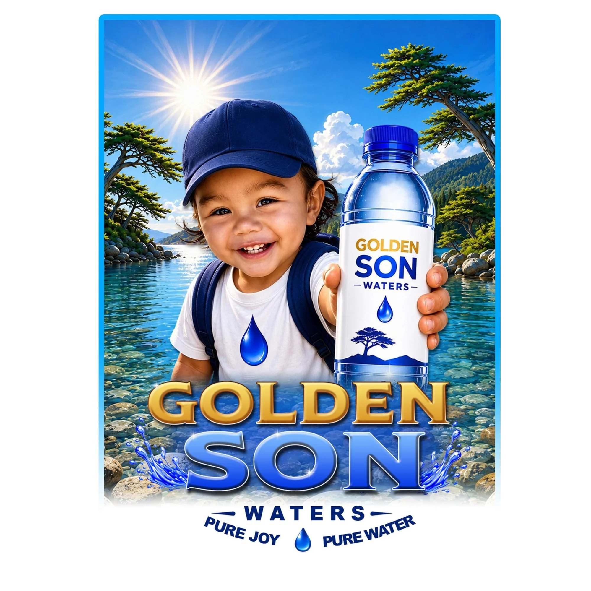 Packaging design featuring a smiling child in a blue cap holding a water bottle labeled "Golden Son Waters" against a background of a sunny outdoor landscape with trees and a river.
