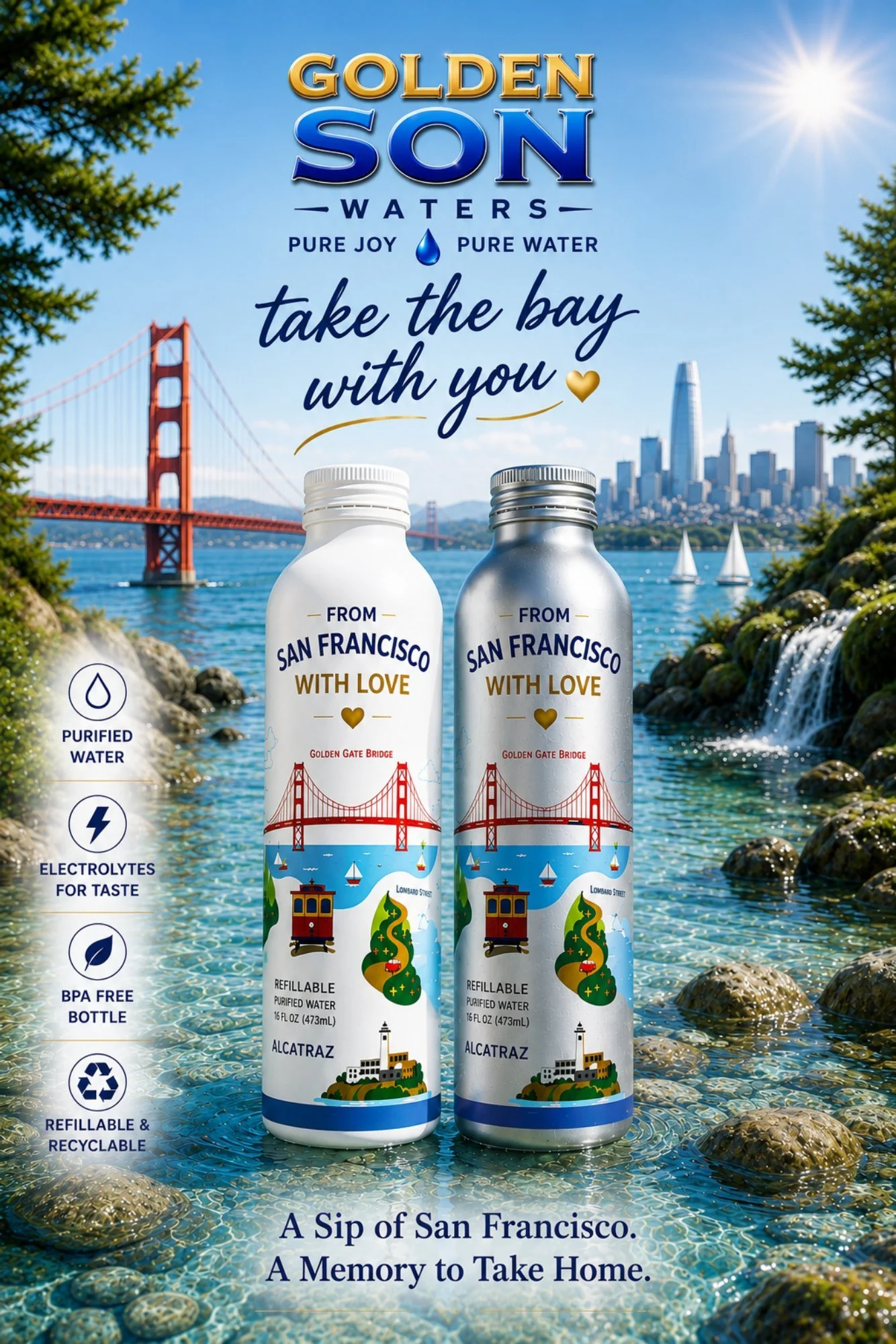 A promotional image for Golden Son Waters bottled water featuring a scenic San Francisco background with the Golden Gate Bridge, waterfront, and city skyline. Two bottles of water with San Francisco-themed designs are in the foreground. The image includes text highlighting the water's purity, environmental friendliness, and regional connection.