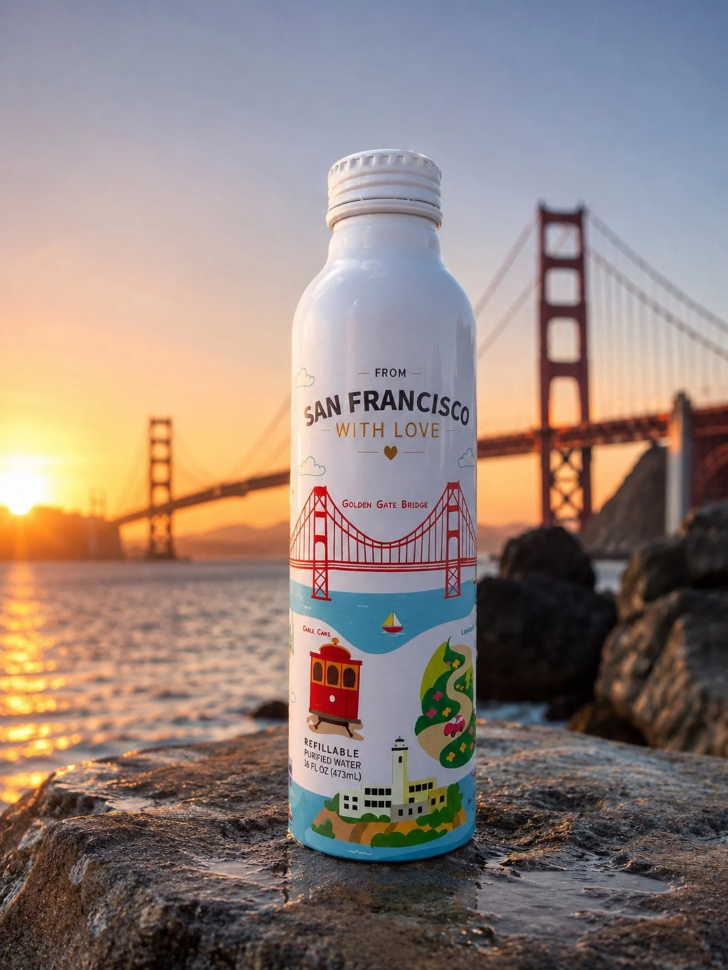 A water bottle with San Francisco landmarks and artwork, placed on a rock near the water with the Golden Gate Bridge in the background at sunset.