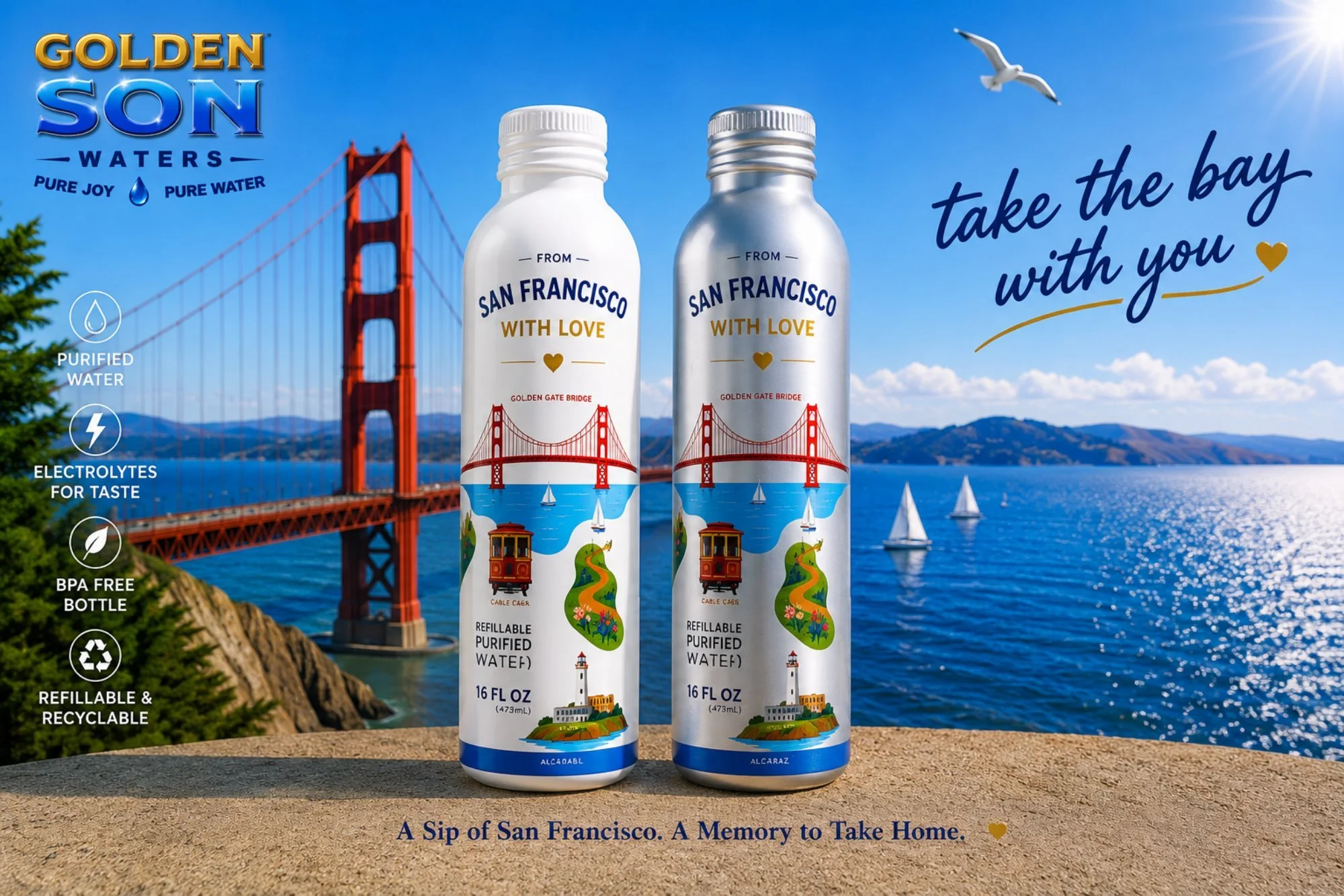 Two bottles of San Francisco water with golden gate bridge illustrations, set against a background of San Francisco bay, sailboats, blue sky, and a seagull.