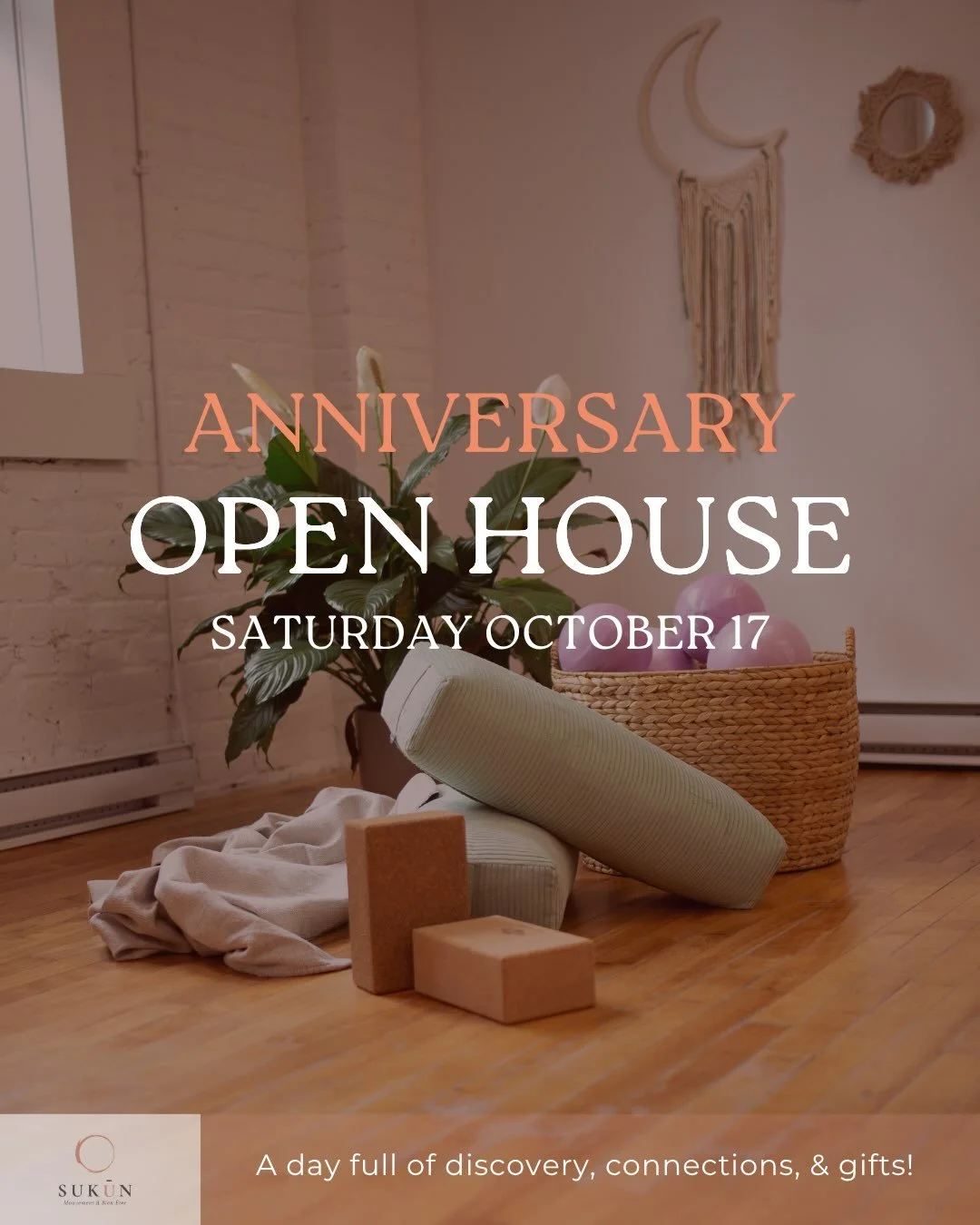🎉 STUDIO SUKŪN ANNIVERSARY OPEN HOUSE IS COMING! 🎉

We&rsquo;re celebrating another year of Sukūn, and we&rsquo;re making it a day to remember! 🤍

Join us on October 17 for:
🧘&zwj;♀️ 3 special classes: swipe to see the schedule!
🎁 $150+ gift whe