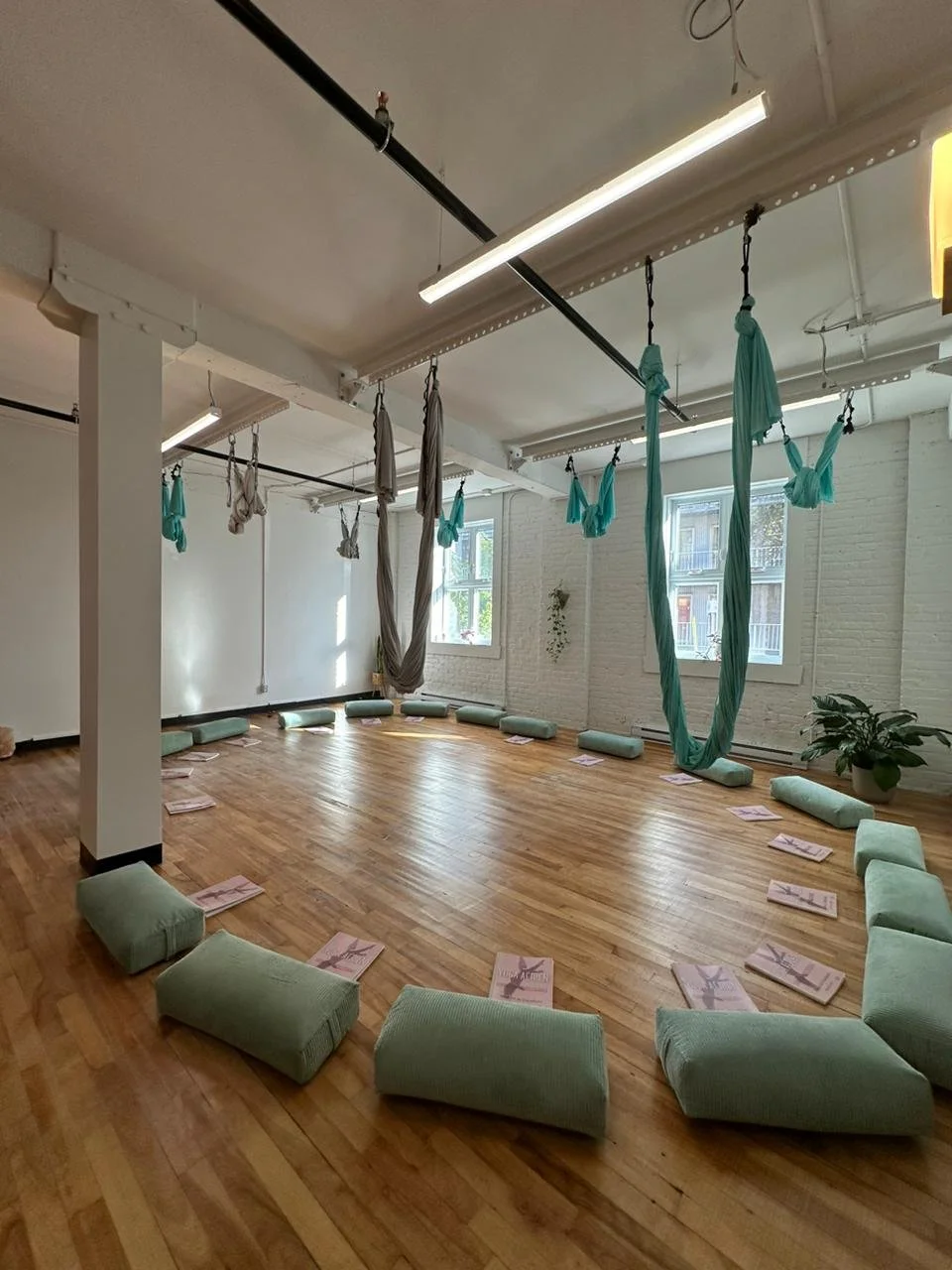 A yoga or aerial fitness studio with light green cushions and aerial silks hanging from the ceiling, arranged around the room in a circle. There are paper pamphlets on the floor beside each cushion. The room has wooden floors, white brick walls, and 